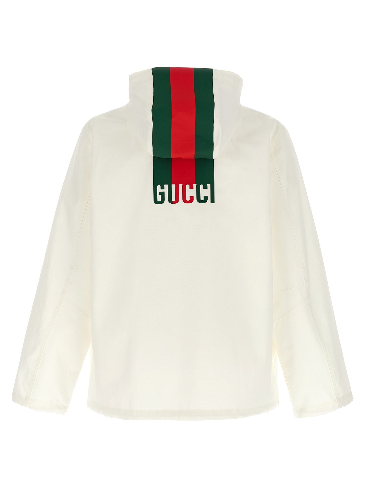 Hooded Windbreaker Jacket by Gucci for men in cotton white & print showcases a modern silhouette, integrating pockets, hooded & windproof and a modern hooded neckline for a sophisticated finish.