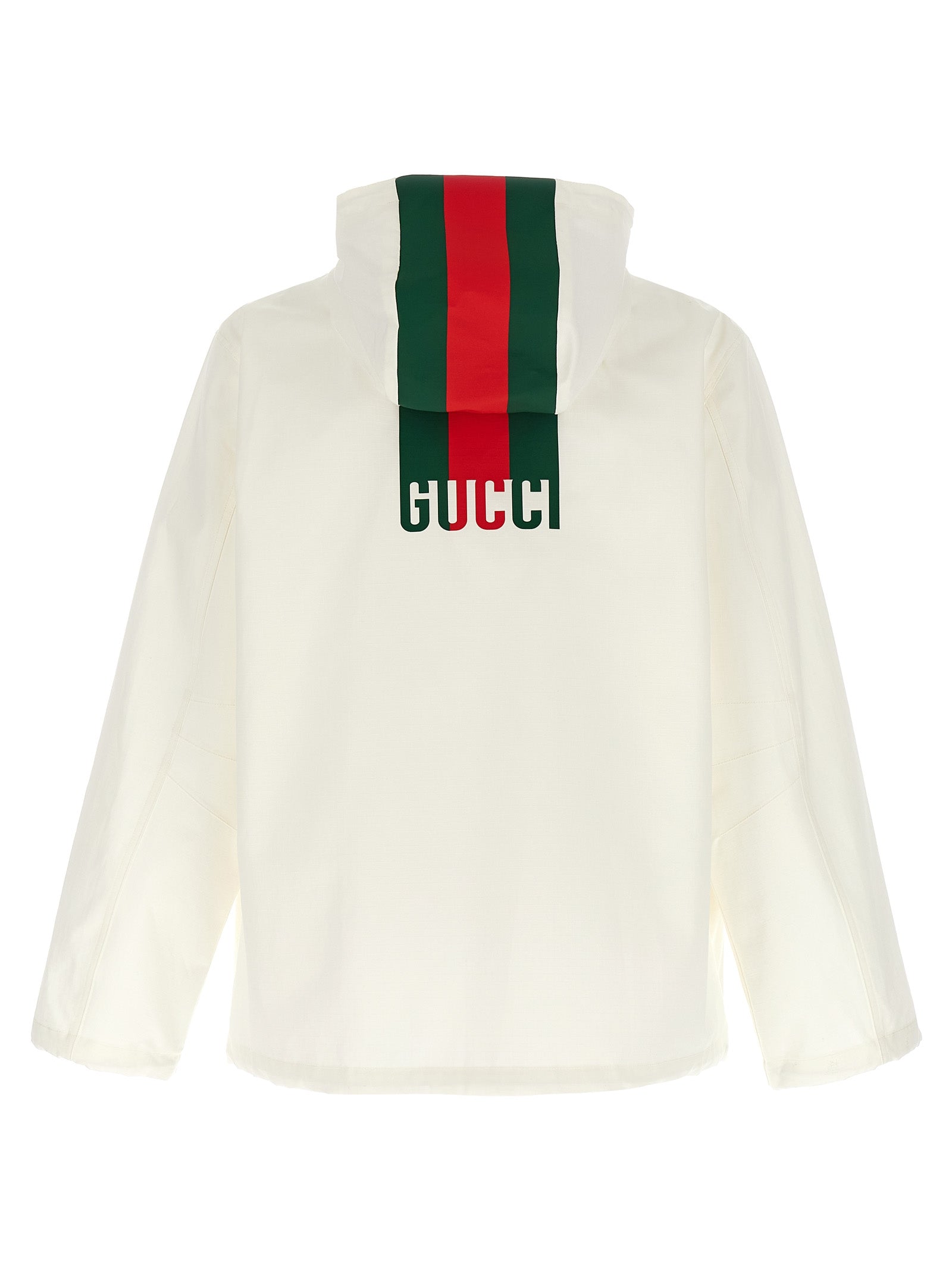Hooded Windbreaker Jacket by Gucci for men in cotton white & print showcases a modern silhouette, integrating pockets, hooded & windproof and a modern hooded neckline for a sophisticated finish.