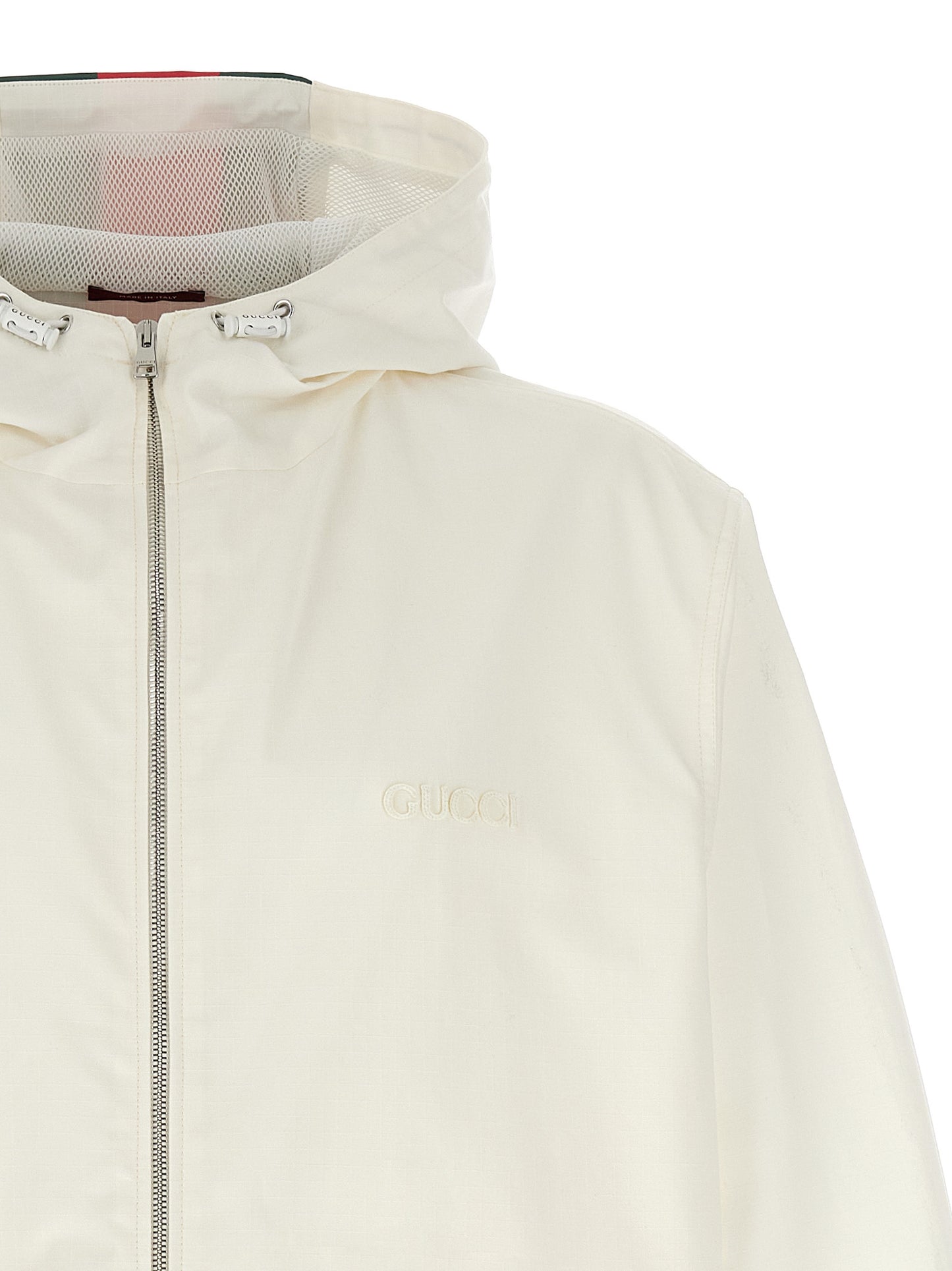 Hooded Windbreaker Jacket by Gucci for men in cotton white & print features an perennial silhouette with a refined hooded neckline and perennial pockets, hooded & windproof for a sophisticated weather-resistant look.