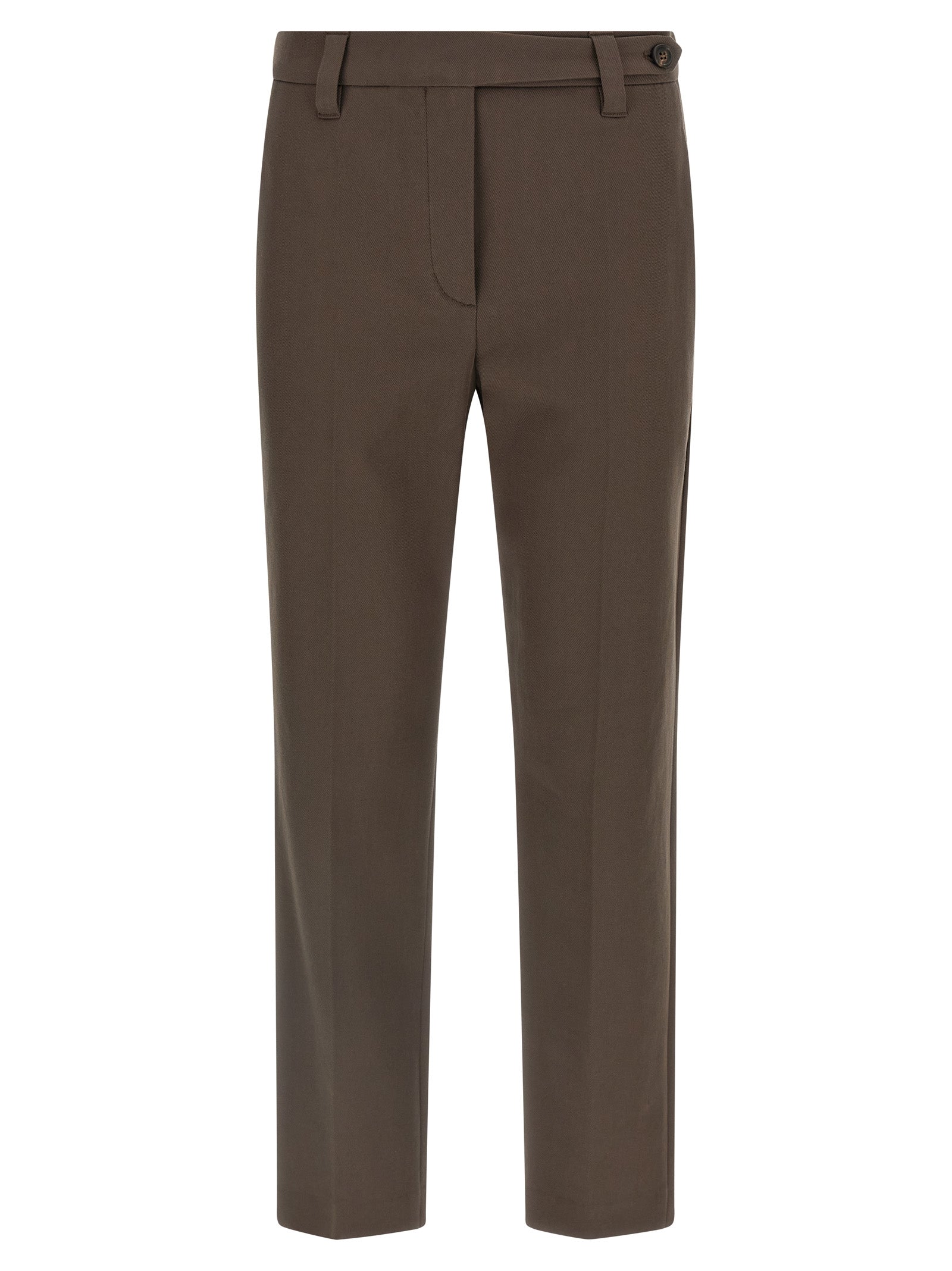 Trousers by Brunello Cucinelli for women in stretch cotton brown & striped features a sculptural silhouette, showcasing a sculptural straight-leg and long with a sophisticated for a sculptural finish.