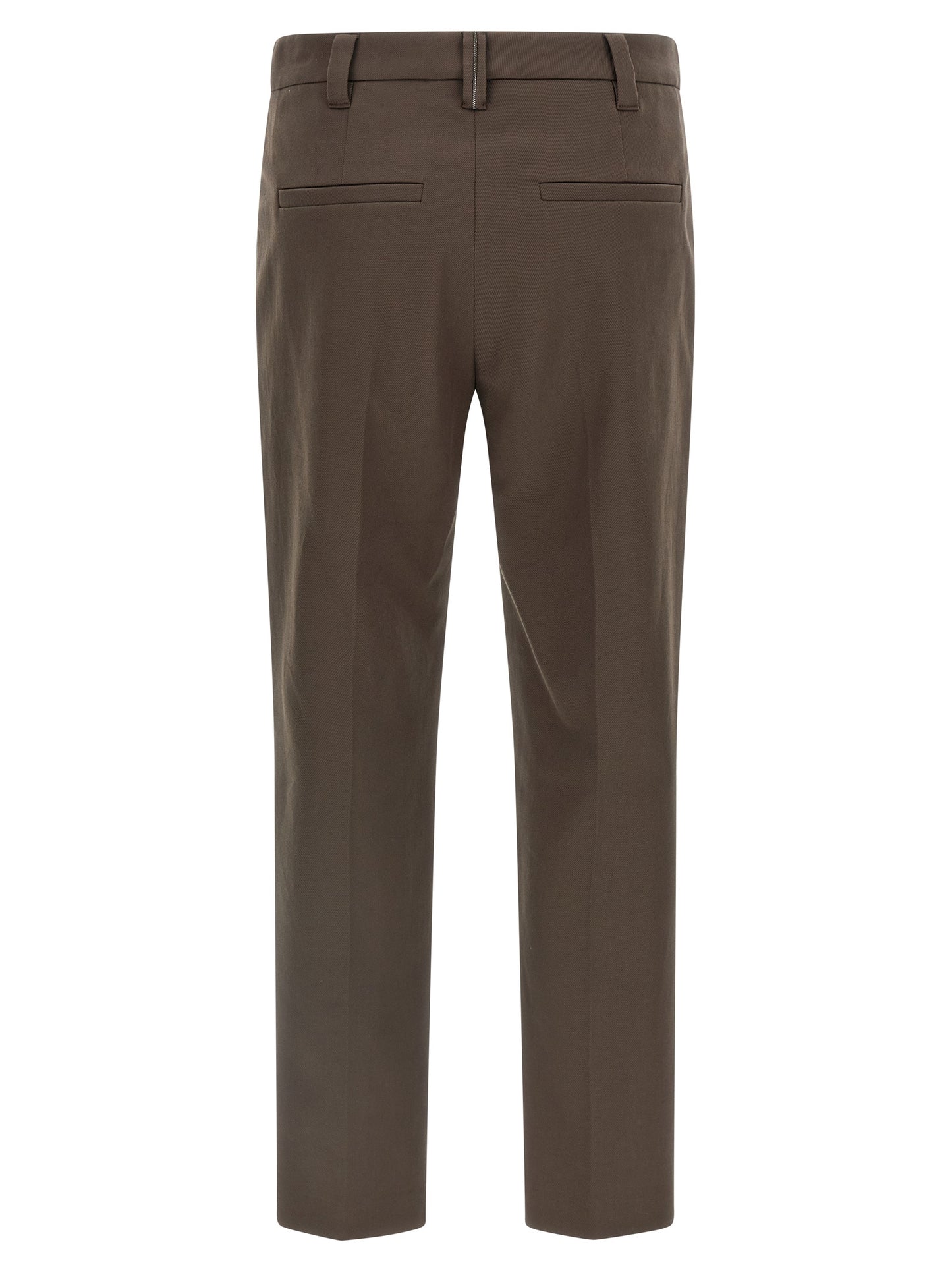 Trousers by Brunello Cucinelli for women in stretch cotton brown & striped features an sartorial silhouette, showcasing a precise straight-leg and long with a sartorial for a refined look.