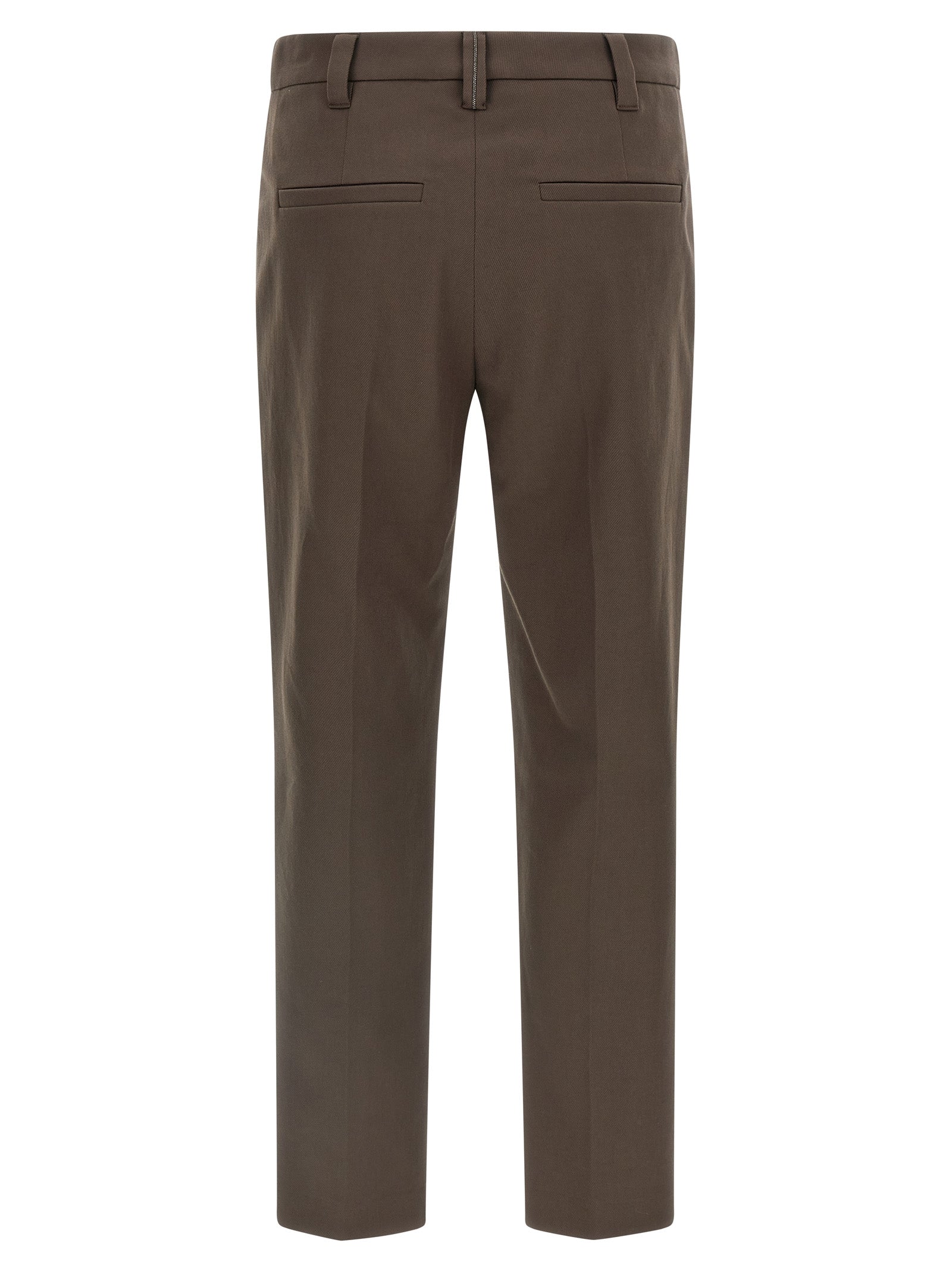 Trousers by Brunello Cucinelli for women in stretch cotton brown & striped features an sartorial silhouette, showcasing a precise straight-leg and long with a sartorial for a refined look.