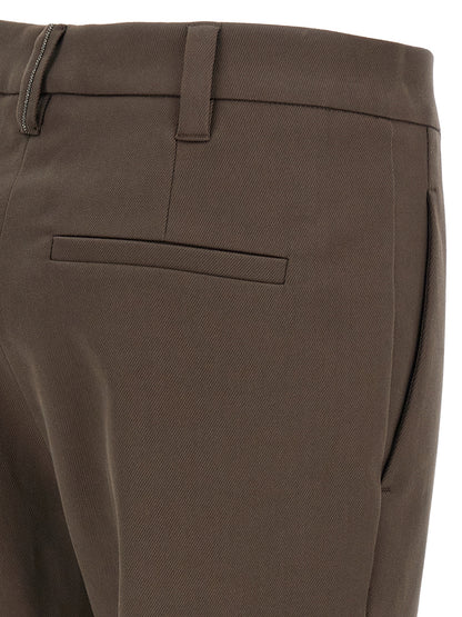 Trousers by Brunello Cucinelli for women in stretch cotton brown & striped features a artisanal silhouette, showcasing a sophisticated straight-leg with a long and for a artisanal finish.