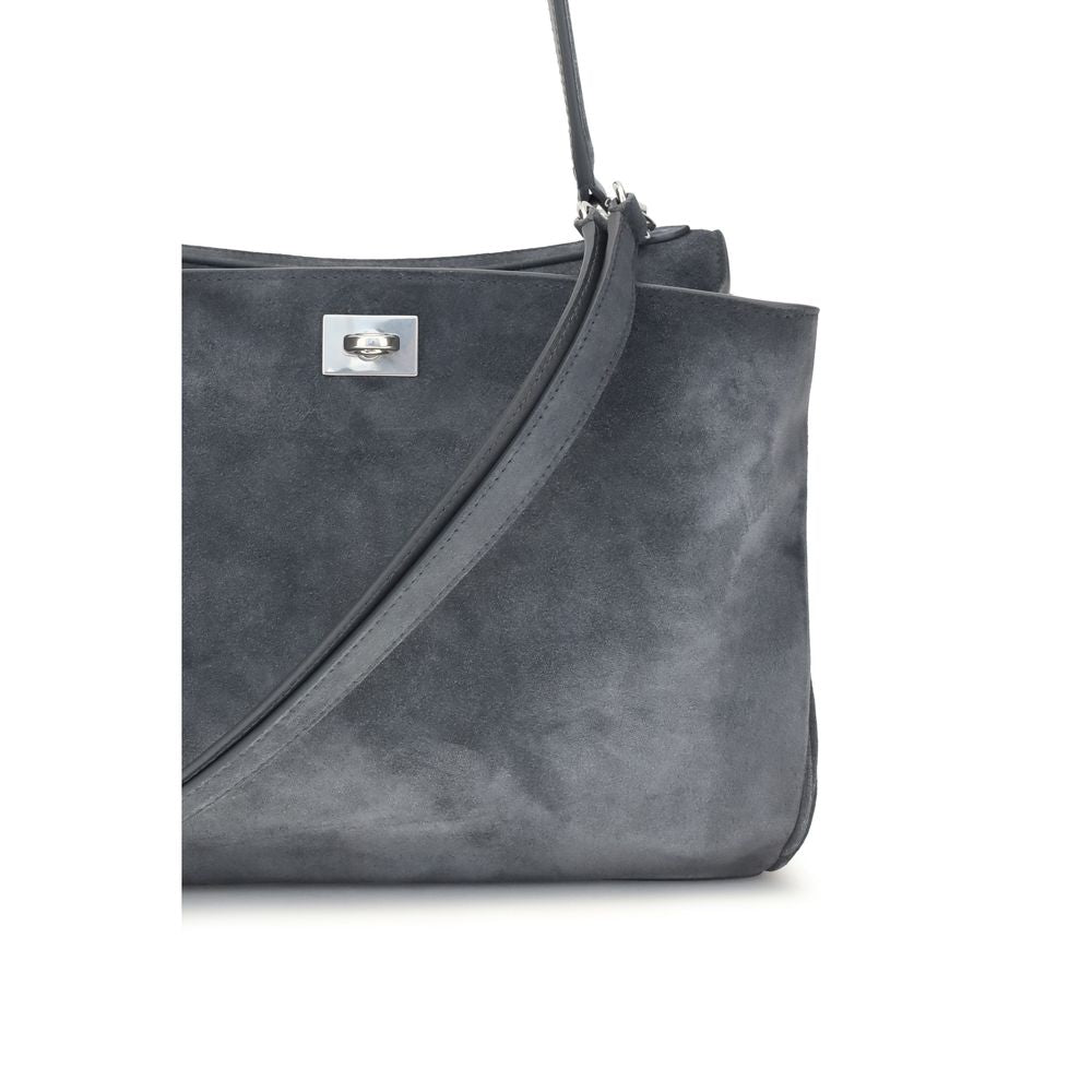 Handbag by Balenciaga for women in bio-acetate & bos taurus suede calfskin leather gray & silver features a refined silhouette, showcasing a secure , organized built-in-compartments & external-pockets, and versatile shoulder-strap & handle for a refined finish.