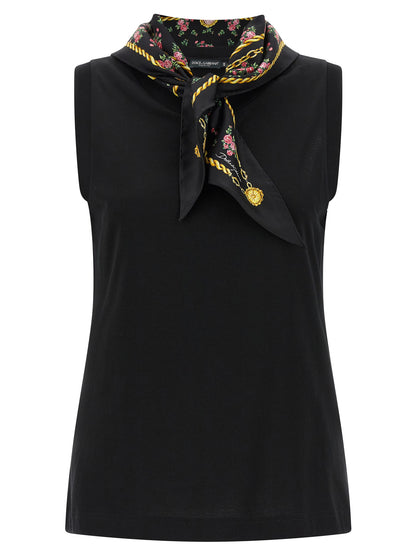 T-Shirt by Dolce & Gabbana for women in cotton & silk black & print features a plush silhouette, showcasing a sophisticated crew neckline and sleeveless for a truly plush finish.