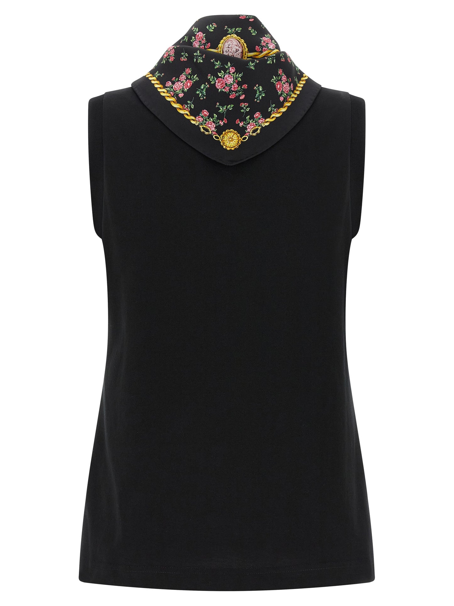 T-Shirt by Dolce & Gabbana for women in cotton & silk black & print showcases a unassuming silhouette, artfully detailed with a refined crew neckline and unassuming for a sophisticated, contemporary look.