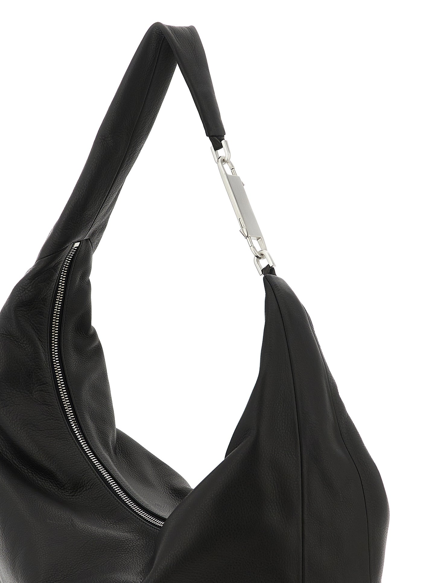 Shoulder Bag by Rick Owens for women in calfskin leather black features an effortlessly chic silhouette with a secure snap, zipper & hook, ample , and versatile shoulder-strap & handle for effortlessly chic everyday luxury.