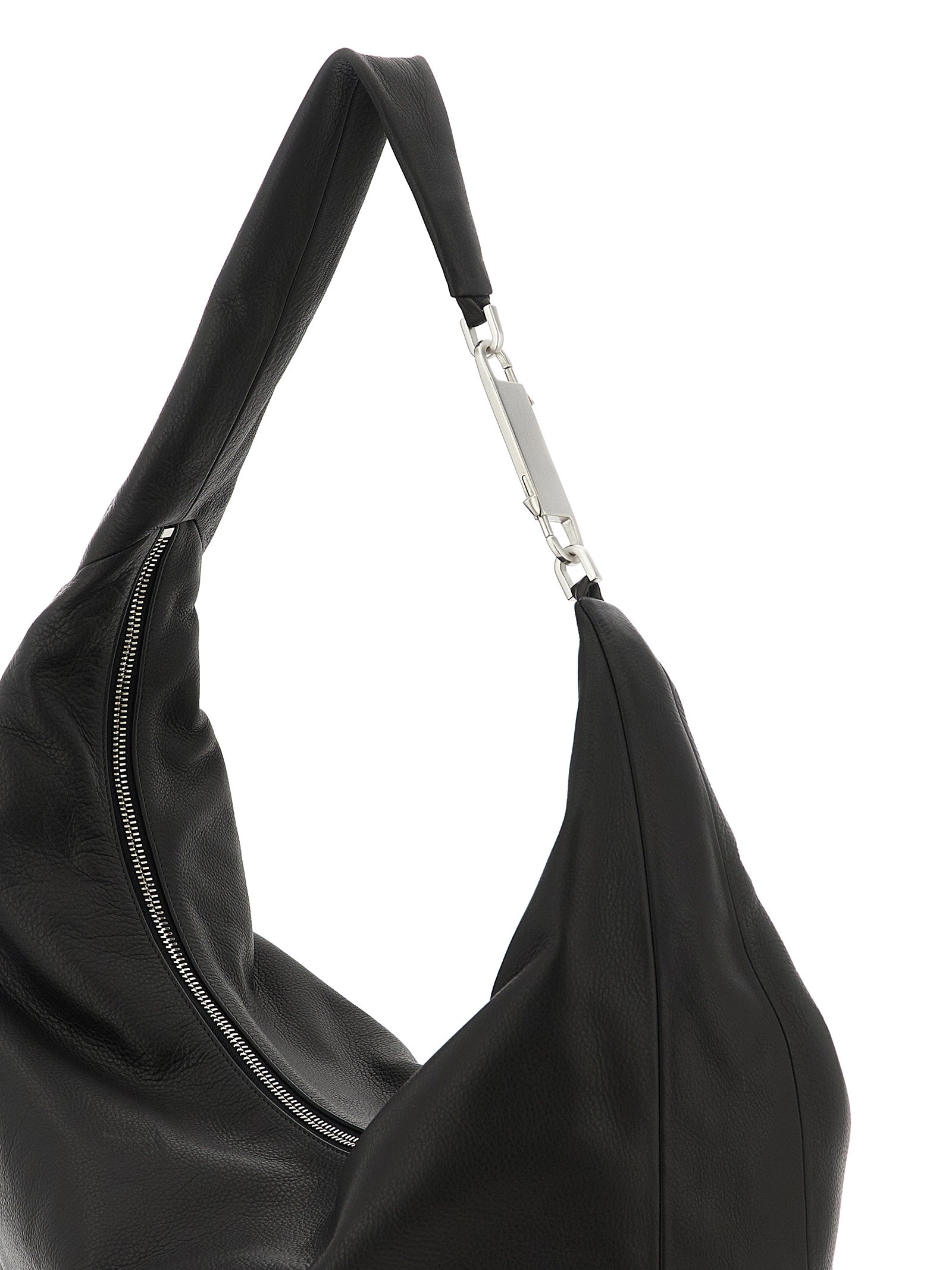 Shoulder Bag by Rick Owens for women in calfskin leather black features an effortlessly chic silhouette with a secure snap, zipper & hook, ample , and versatile shoulder-strap & handle for effortlessly chic everyday luxury.