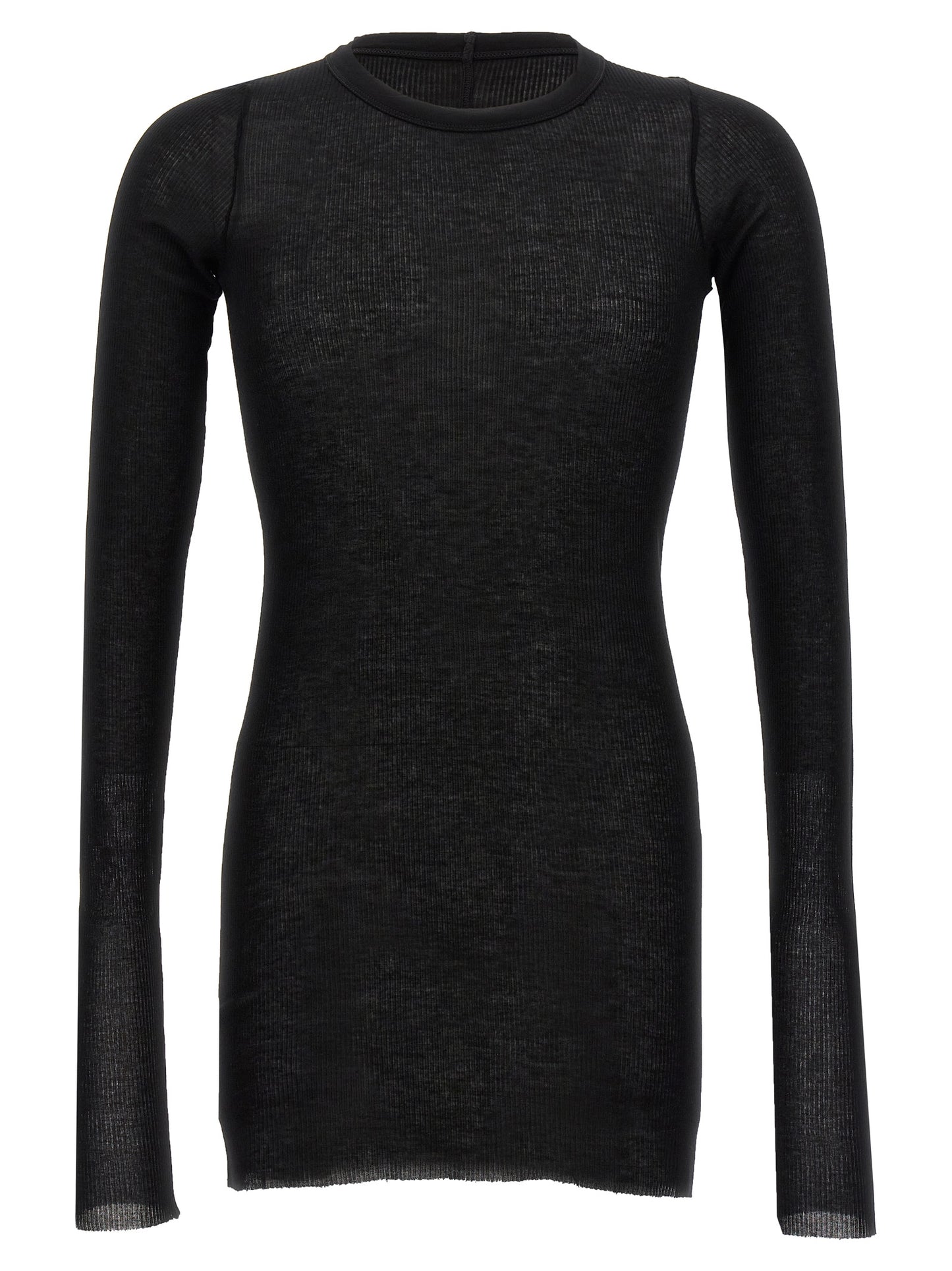 T-Shirt by Rick Owens for men in silk & viscose black showcases a dramatic silhouette, elegantly detailed with a dramatic crew neckline and long-sleeve for a truly dramatic finish.