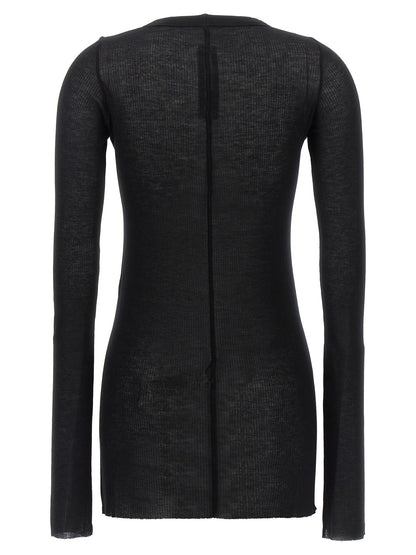 T-Shirt by Rick Owens for women in silk & viscose black showcases a fashionable silhouette, elegantly detailed with a fashionable and crew neckline for a sophisticated, high-fashion look.