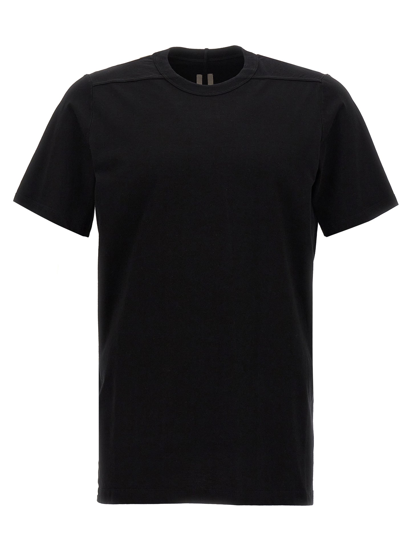 T-Shirt by Rick Owens for men in cotton black showcases a dramatic silhouette, elegantly detailed with a dramatic crew neckline and short-sleeve for a truly dramatic finish.