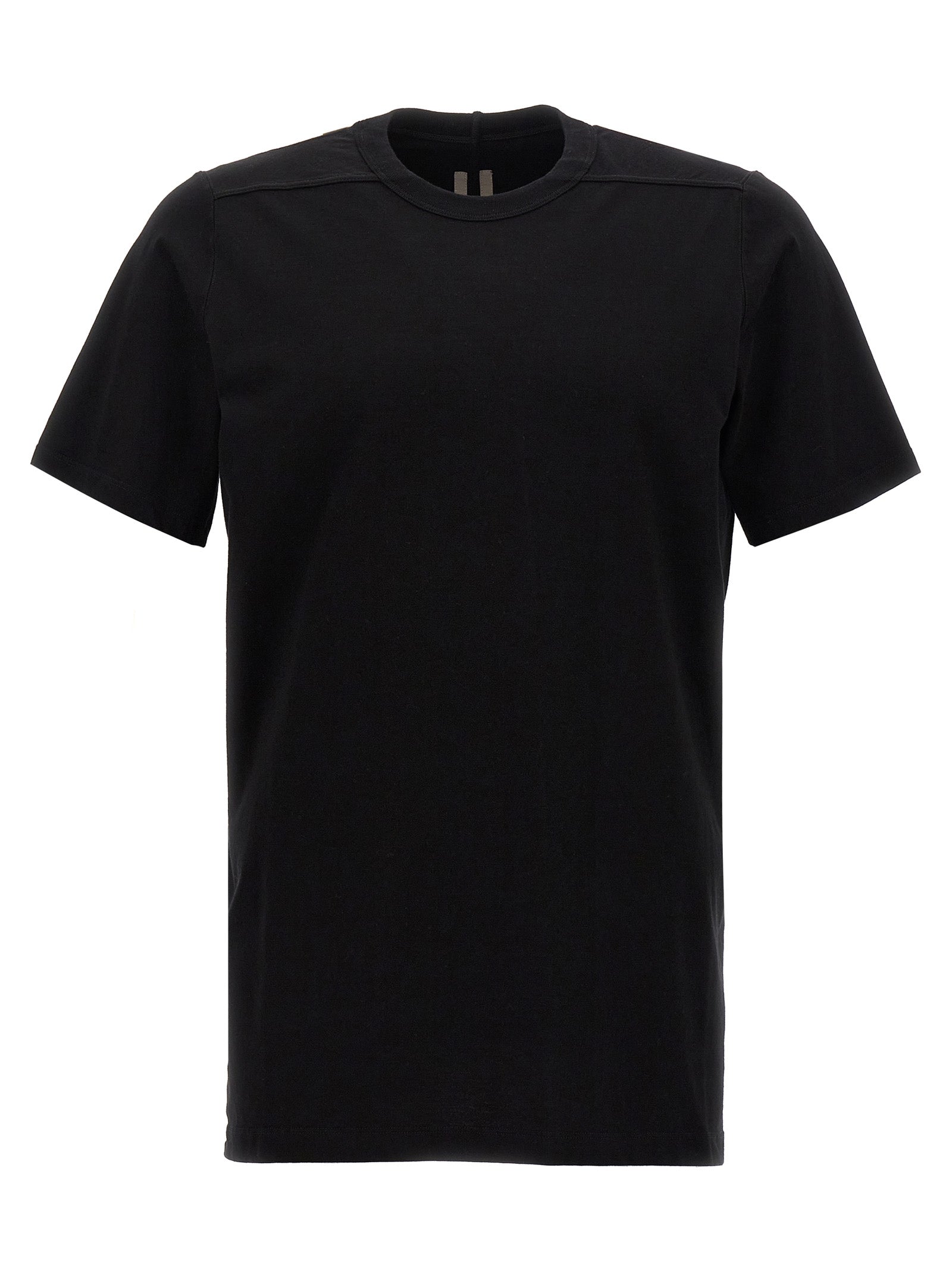 T-Shirt by Rick Owens for men in cotton black showcases a dramatic silhouette, elegantly detailed with a dramatic crew neckline and short-sleeve for a truly dramatic finish.