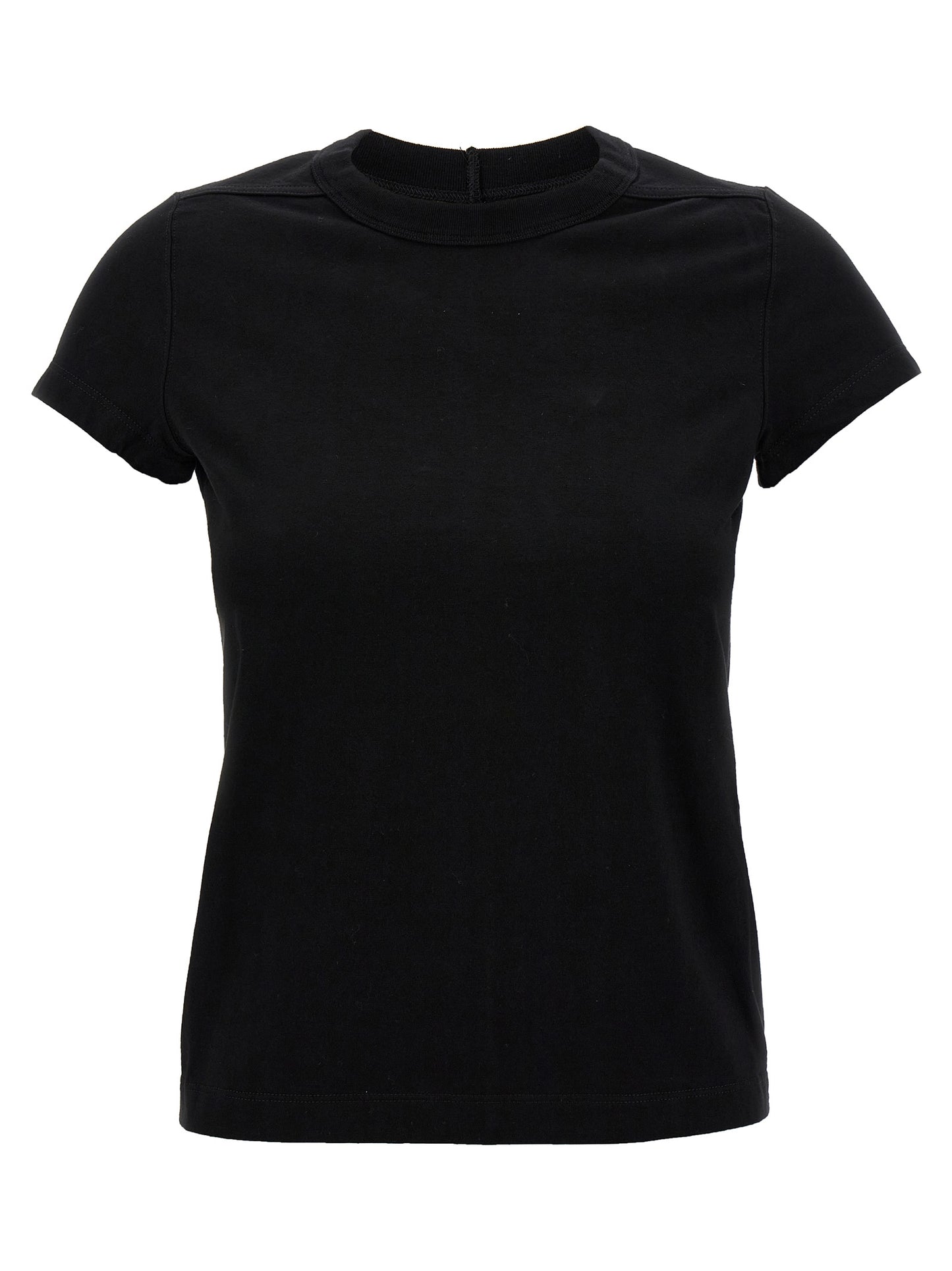 T-Shirt by Rick Owens for women in cotton black showcases a dramatic silhouette, elegantly detailed with a dramatic crew neckline and short-sleeve for a truly dramatic finish.