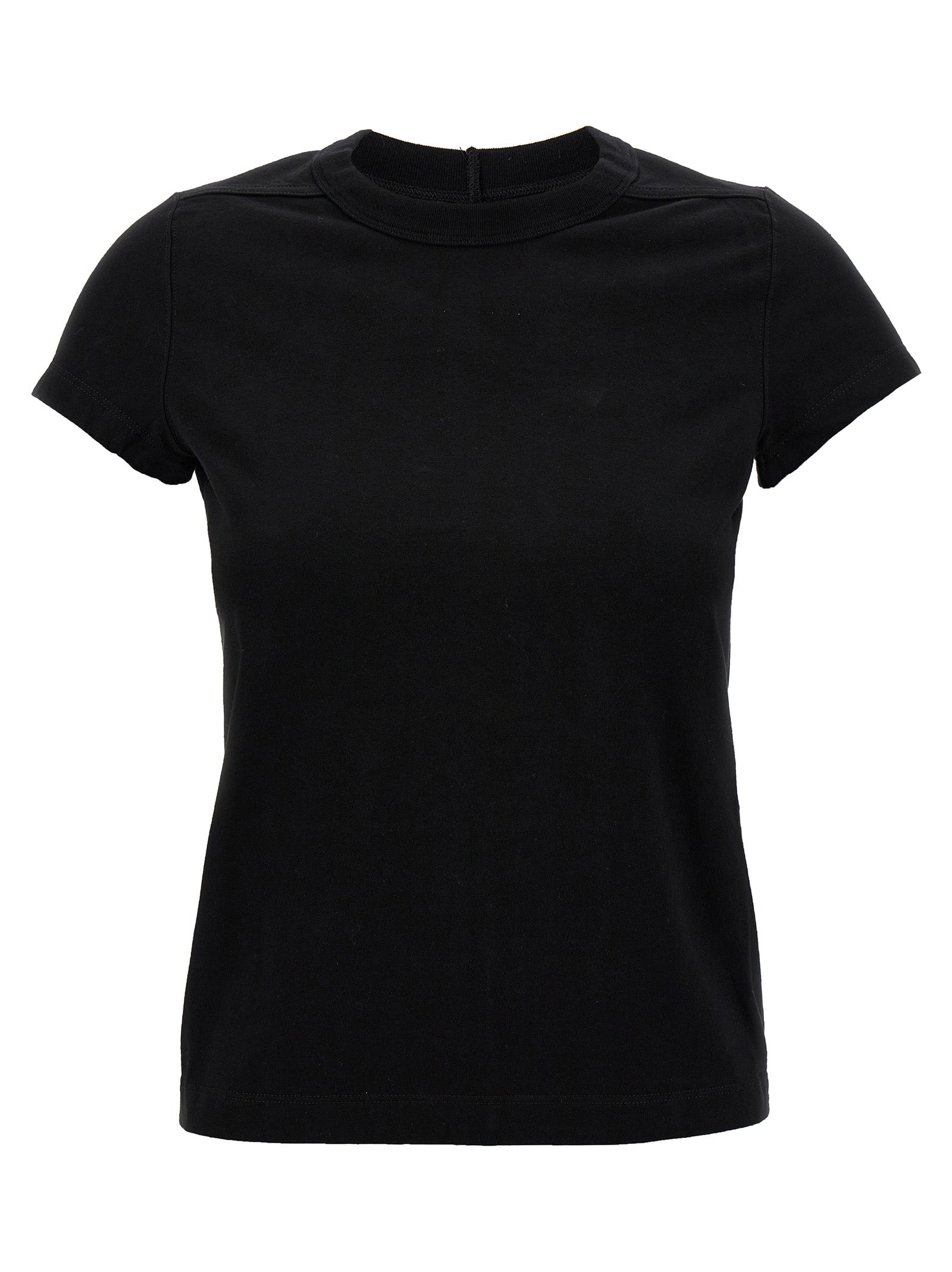 T-Shirt by Rick Owens for women in cotton black showcases a dramatic silhouette, elegantly detailed with a dramatic crew neckline and short-sleeve for a truly dramatic finish.