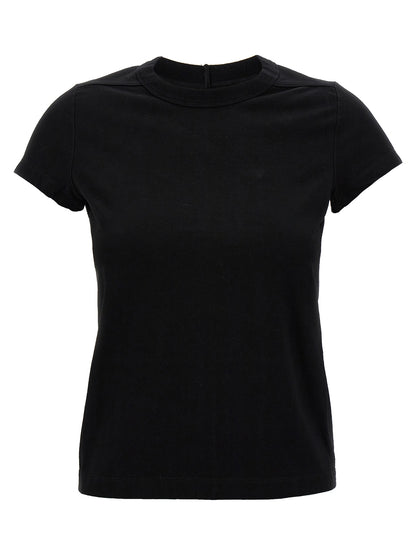 T-Shirt by Rick Owens for women in cotton black showcases a dramatic silhouette, elegantly detailed with a dramatic crew neckline and short-sleeve for a truly dramatic finish.