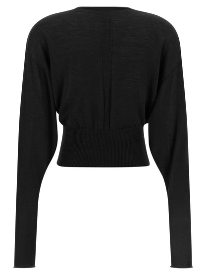 Sweatshirt by Rick Owens for women in wool cotton black features an exquisite silhouette, showcasing and v-neck neckline details for a exquisite look.