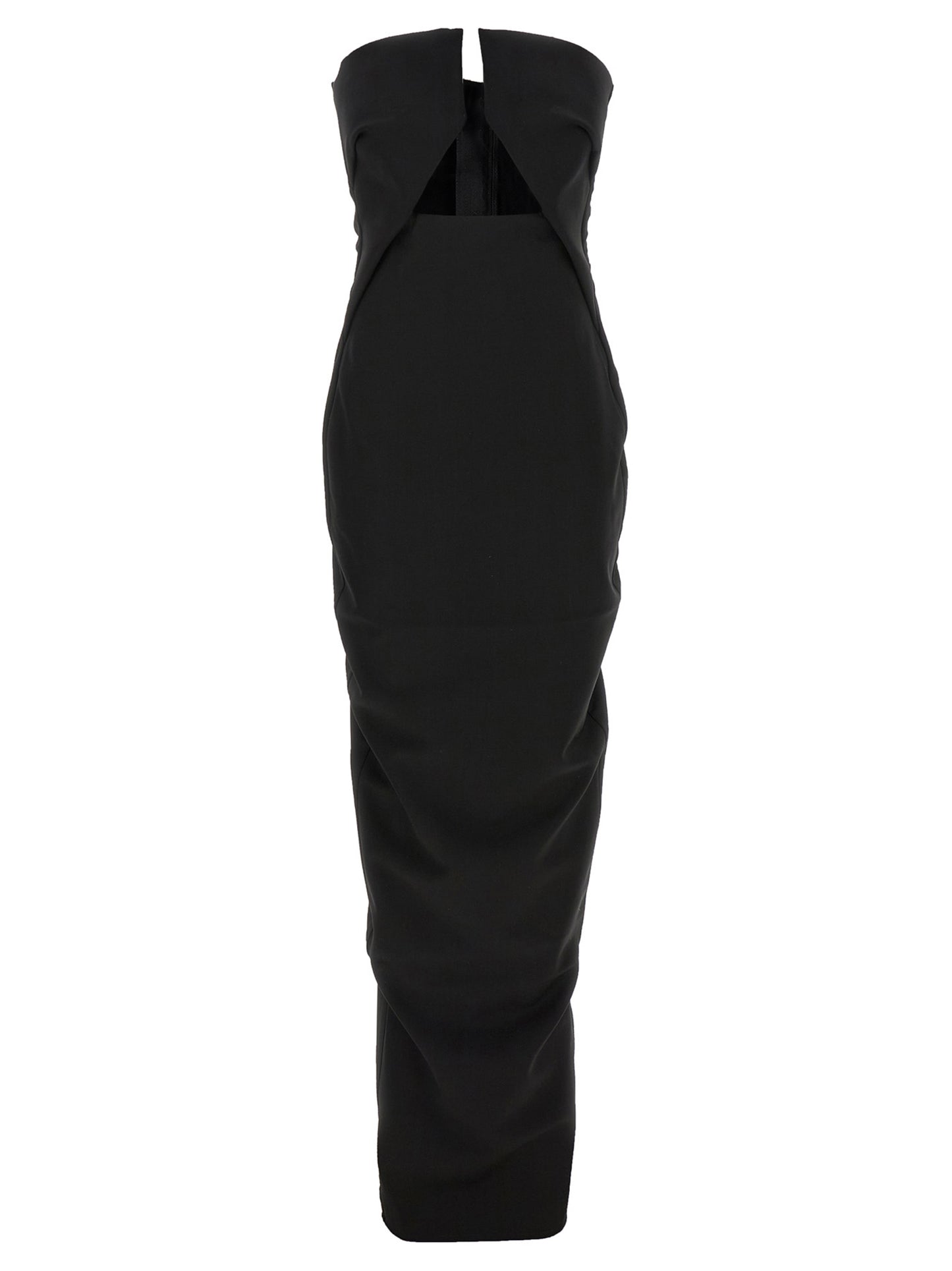 Dress by Rick Owens for women in nylon & wool black presents a sinuous silhouette, showcasing a sophisticated split neckline and sleeveless detailed with a sinuous long for a refined finish.