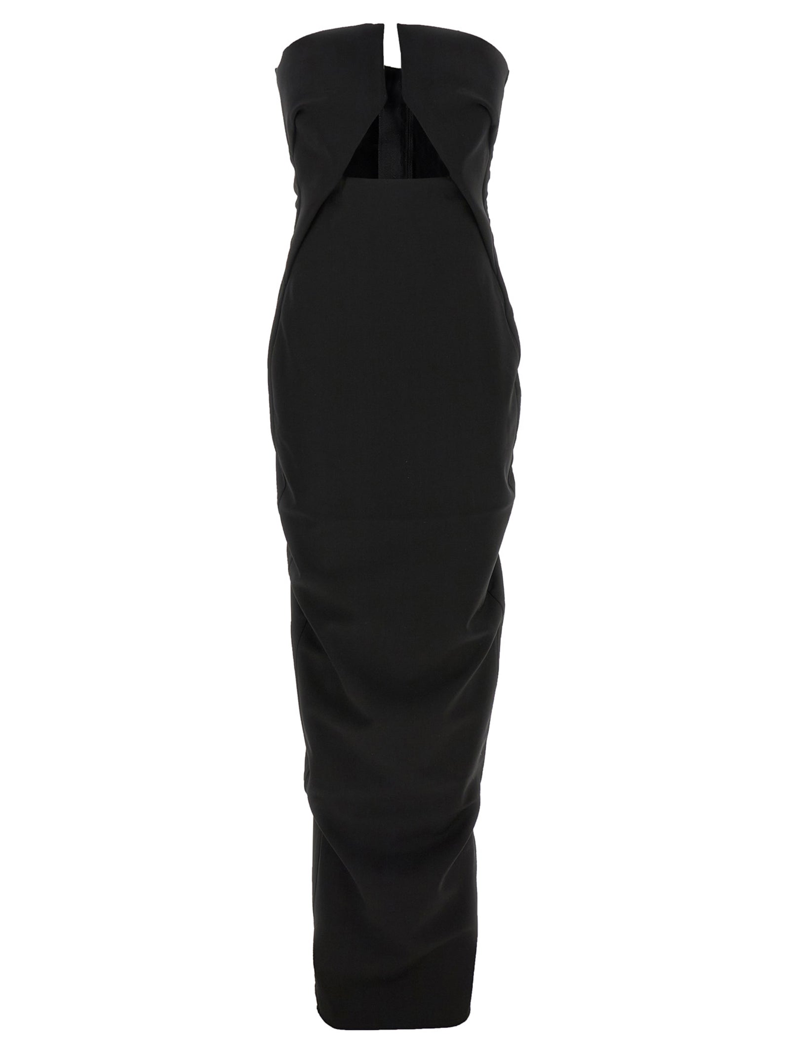 Dress by Rick Owens for women in nylon & wool black presents a sinuous silhouette, showcasing a sophisticated split neckline and sleeveless detailed with a sinuous long for a refined finish.