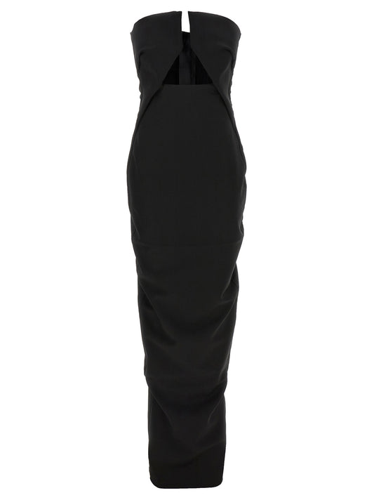 Dress by Rick Owens for women in nylon & wool black presents a sinuous silhouette, showcasing a sophisticated split neckline and sleeveless detailed with a sinuous long for a refined finish.