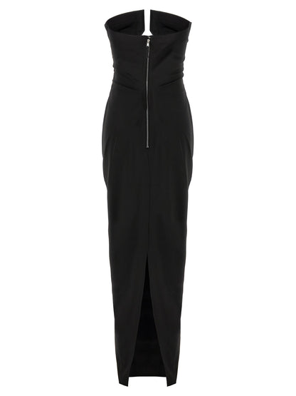 Dress by Rick Owens for women in nylon & wool black showcases a striking silhouette, elegantly detailed with a , refined split neckline, and a striking long for a striking finish.
