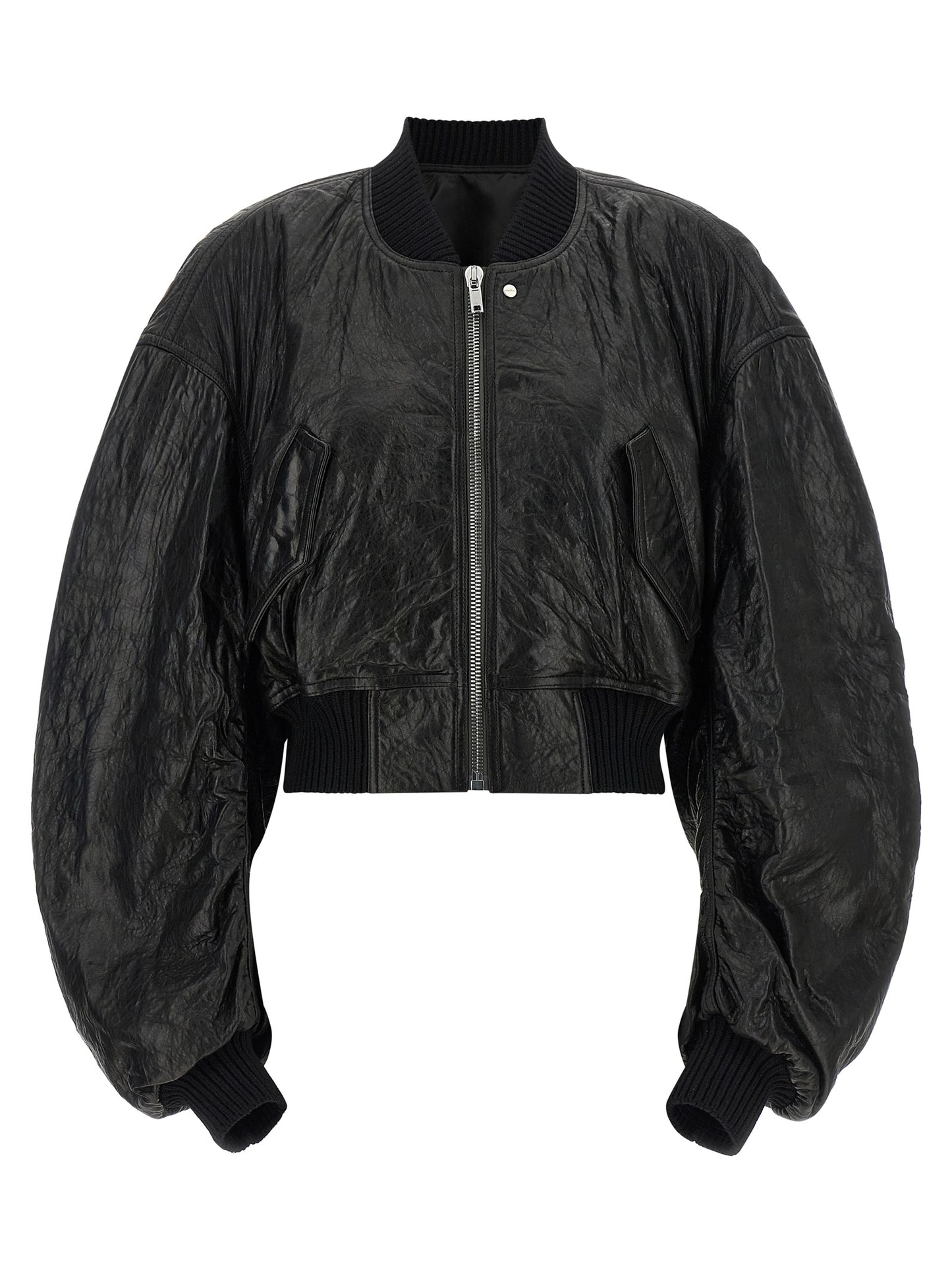 Bomber Jacket by Rick Owens for women in lamb leather black features an contemporary silhouette, showcasing a sophisticated high-neck neckline and contemporary pockets for a truly refined look.