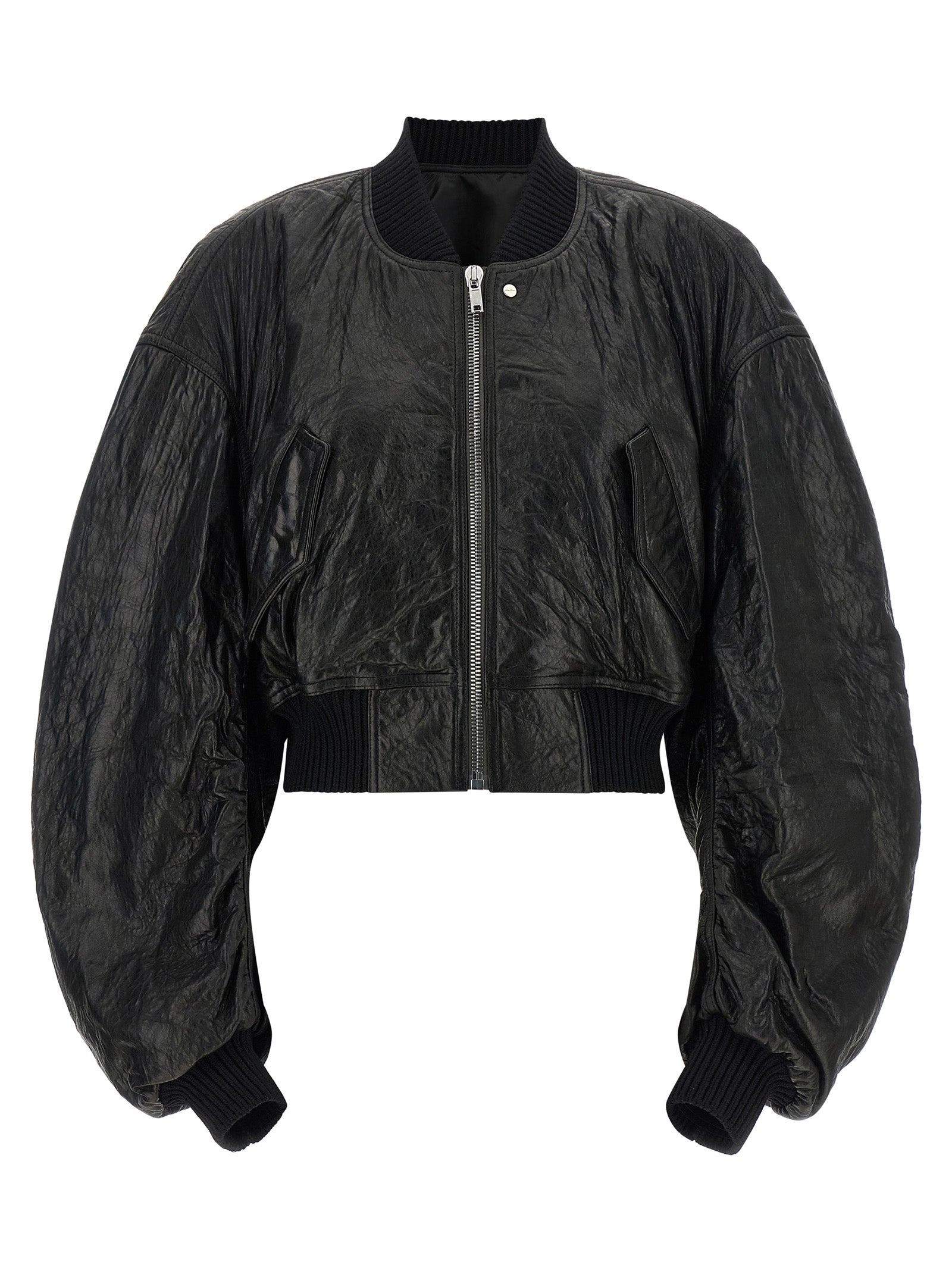 Bomber Jacket by Rick Owens for women in lamb leather black features an contemporary silhouette, showcasing a sophisticated high-neck neckline and contemporary pockets for a truly refined look.