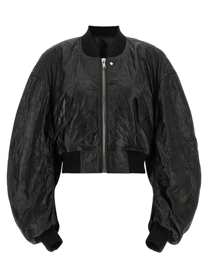 Bomber Jacket by Rick Owens for women in lamb leather black features an contemporary silhouette, showcasing a sophisticated high-neck neckline and contemporary pockets for a truly refined look.