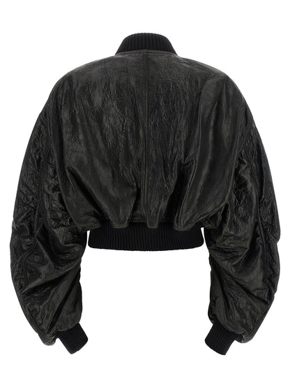 Bomber Jacket by Rick Owens for women in lamb leather black presents a effortlessly chic silhouette, showcasing a sophisticated high-neck neckline and premium pockets for a truly effortlessly chic finish.
