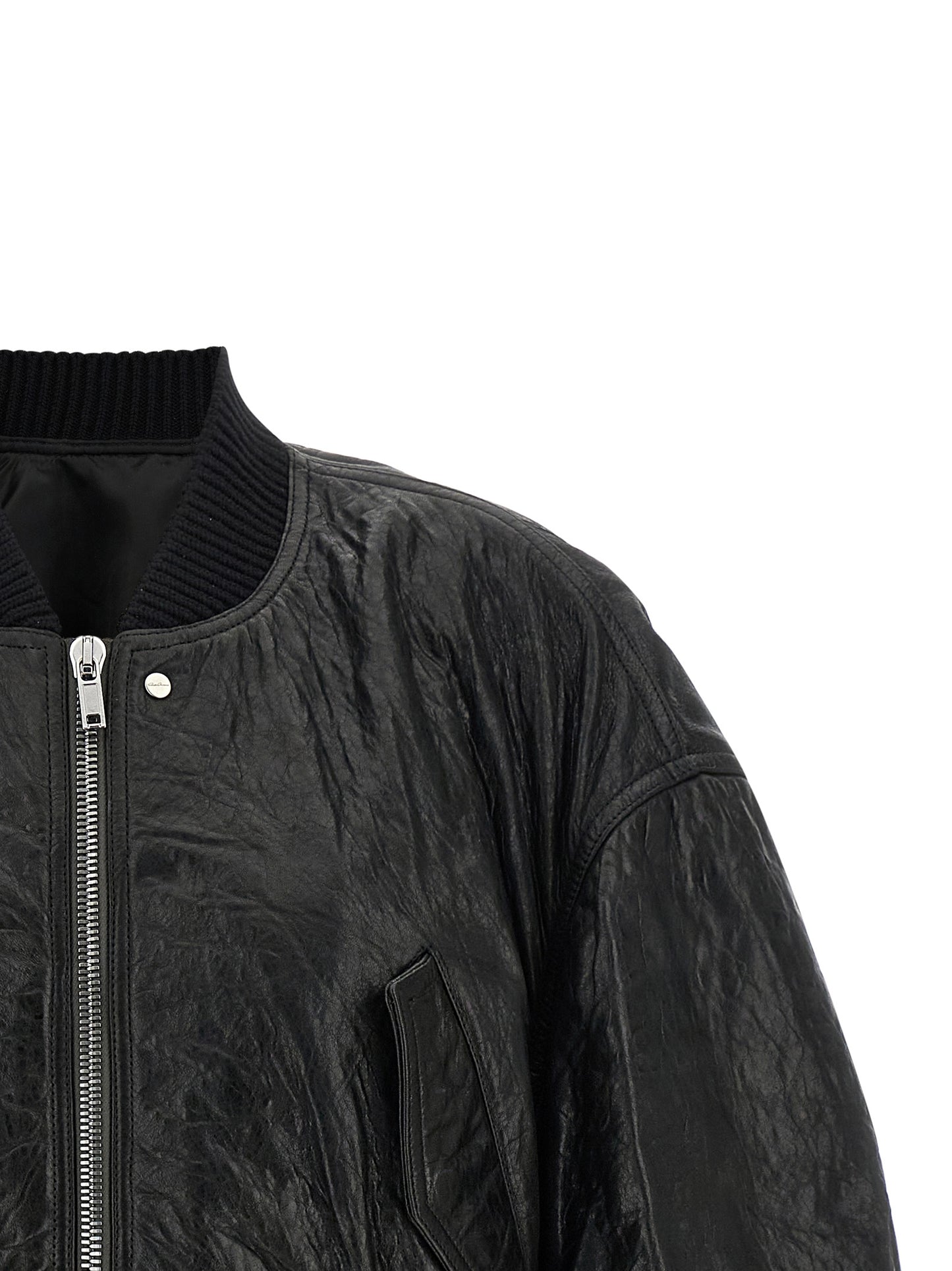 Bomber Jacket by Rick Owens for women in lamb leather black features an on trend silhouette, showcasing refined pockets and a sophisticated high-neck neckline for a truly on trend finish.