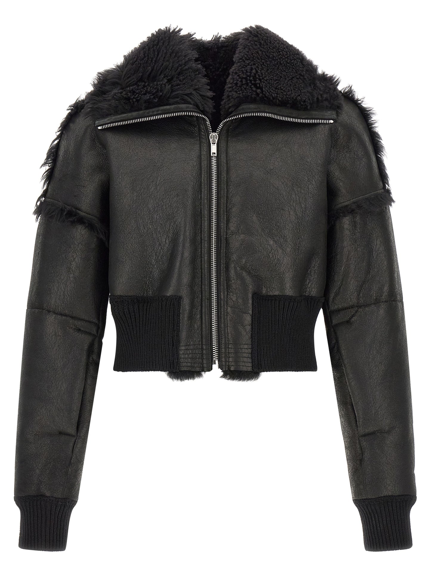 Rick Owens Men's Crop Top Turtleneck Leather & Lamb Shearling Bomber Jacket - Black