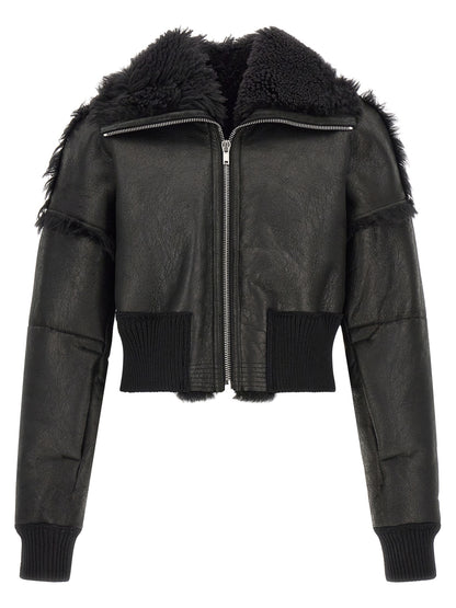 Rick Owens Men's Crop Top Turtleneck Leather & Lamb Shearling Bomber Jacket - Black