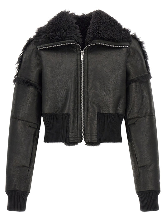 Bomber Jacket by Rick Owens for men in leather & lamb shearling black features an contemporary silhouette, showcasing a sophisticated turtle neckline and contemporary pockets for a truly refined look.