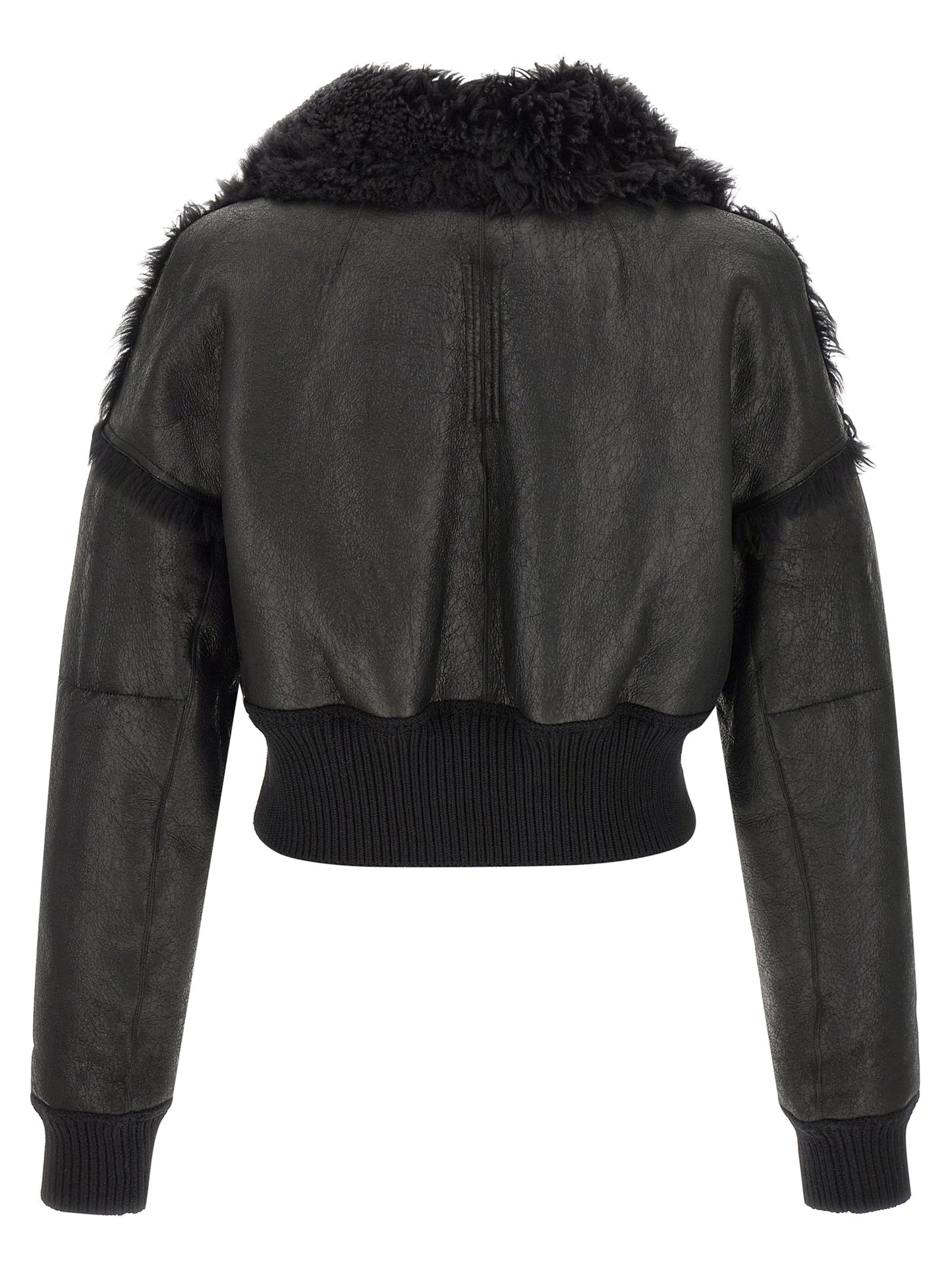 Rick Owens Men's Crop Top Turtleneck Leather & Lamb Shearling Bomber Jacket - Black