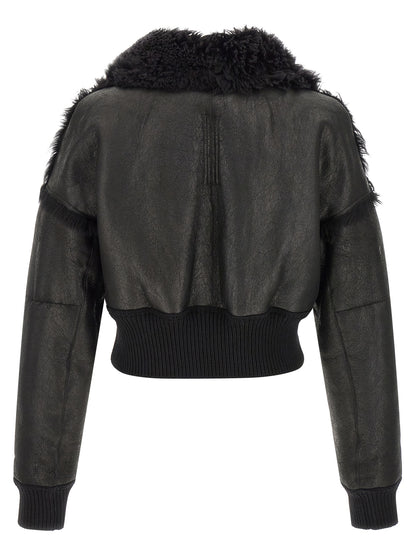 Rick Owens Men's Crop Top Turtleneck Leather & Lamb Shearling Bomber Jacket - Black