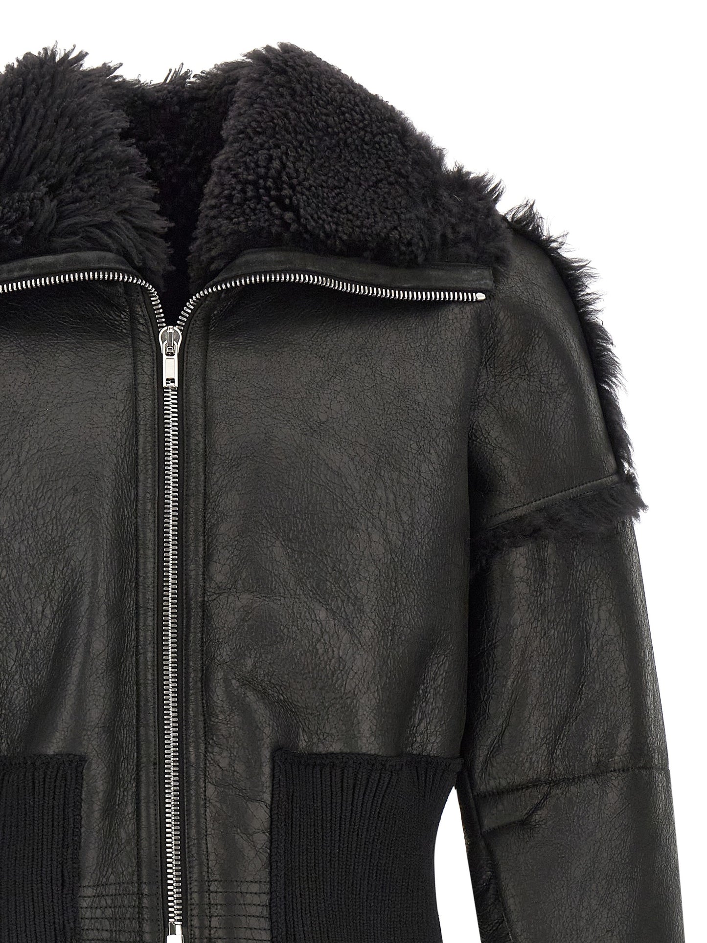 Rick Owens Men's Crop Top Turtleneck Leather & Lamb Shearling Bomber Jacket - Black