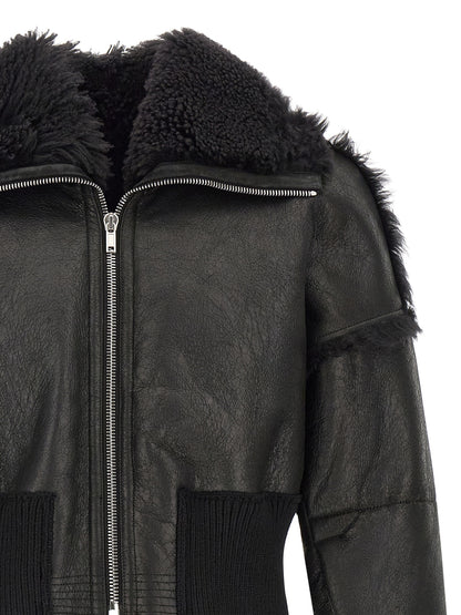 Rick Owens Men's Crop Top Turtleneck Leather & Lamb Shearling Bomber Jacket - Black