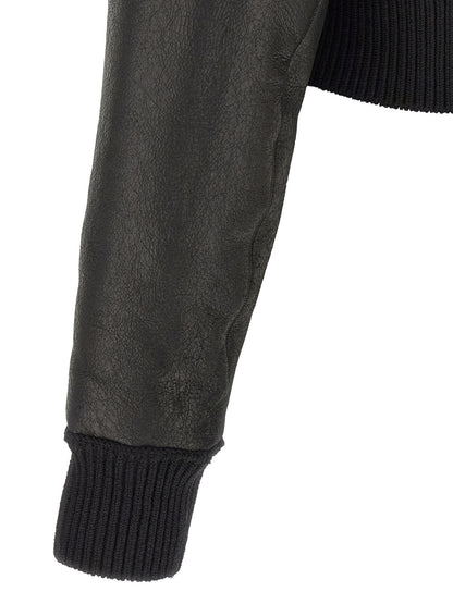 Rick Owens Men's Crop Top Turtleneck Leather & Lamb Shearling Bomber Jacket - Black