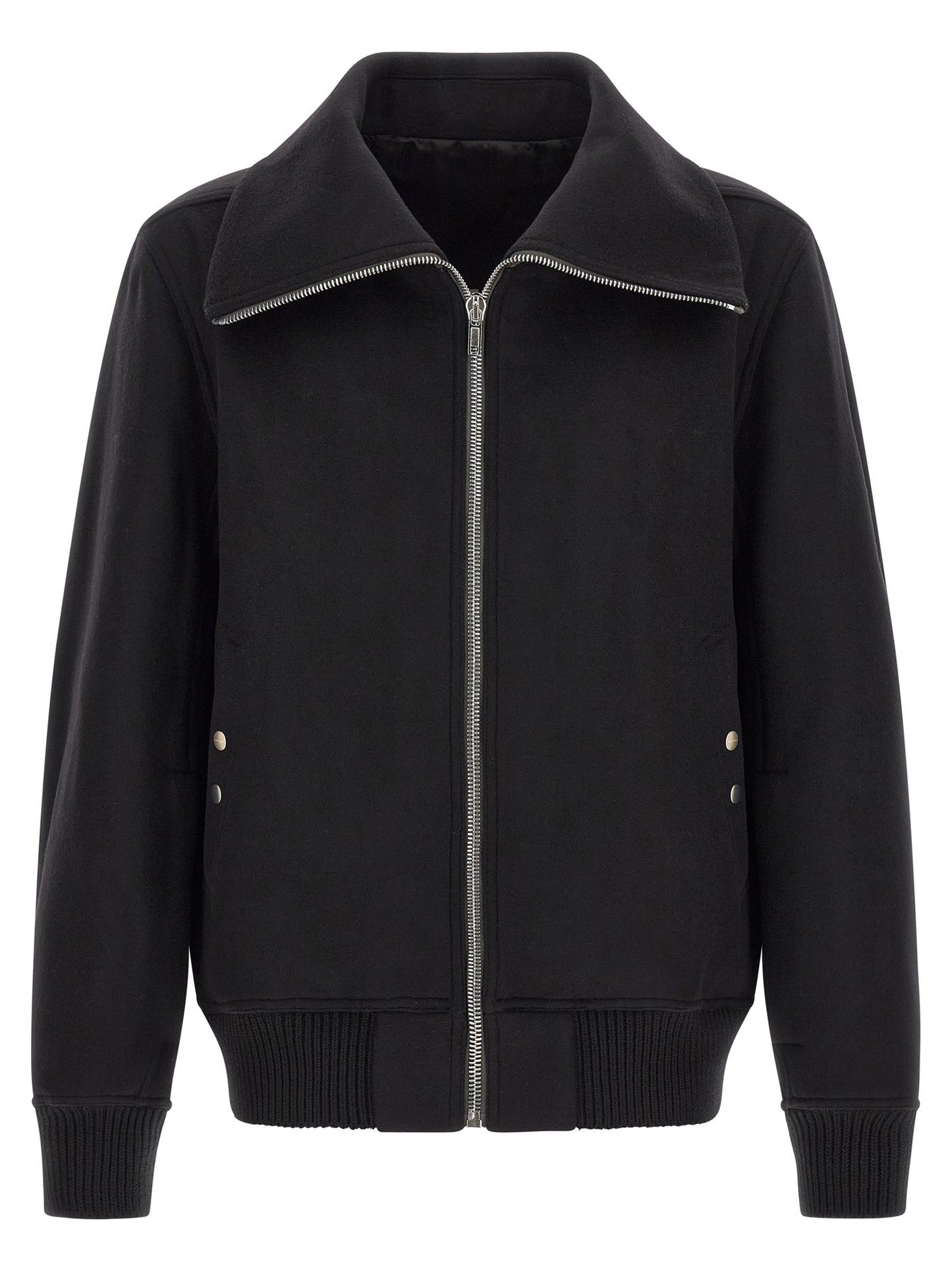 Bomber Jacket by Rick Owens for men in virgin wool black features an on trend silhouette, showcasing refined pockets and a sophisticated high-neck neckline for a truly on trend finish.