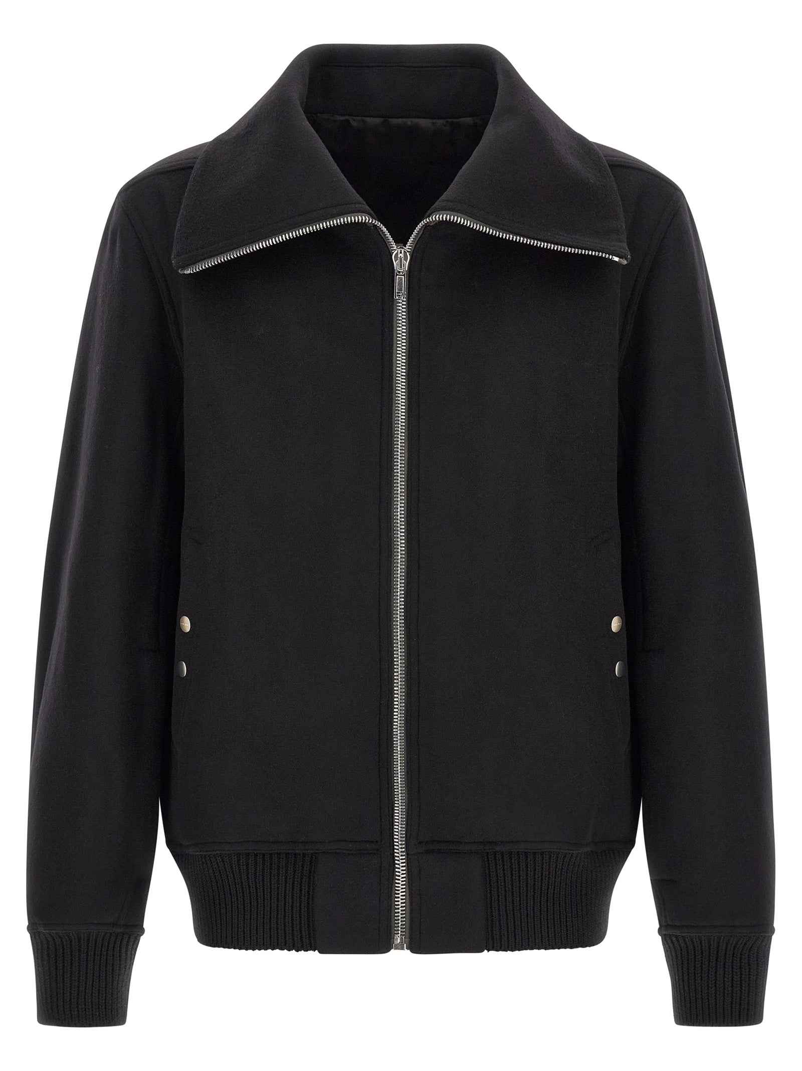 Bomber Jacket by Rick Owens for men in virgin wool black features an on trend silhouette, showcasing refined pockets and a sophisticated high-neck neckline for a truly on trend finish.