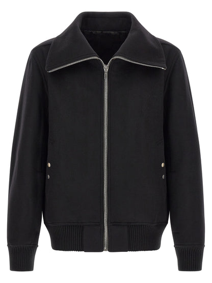 Bomber Jacket by Rick Owens for men in virgin wool black features an on trend silhouette, showcasing refined pockets and a sophisticated high-neck neckline for a truly on trend finish.