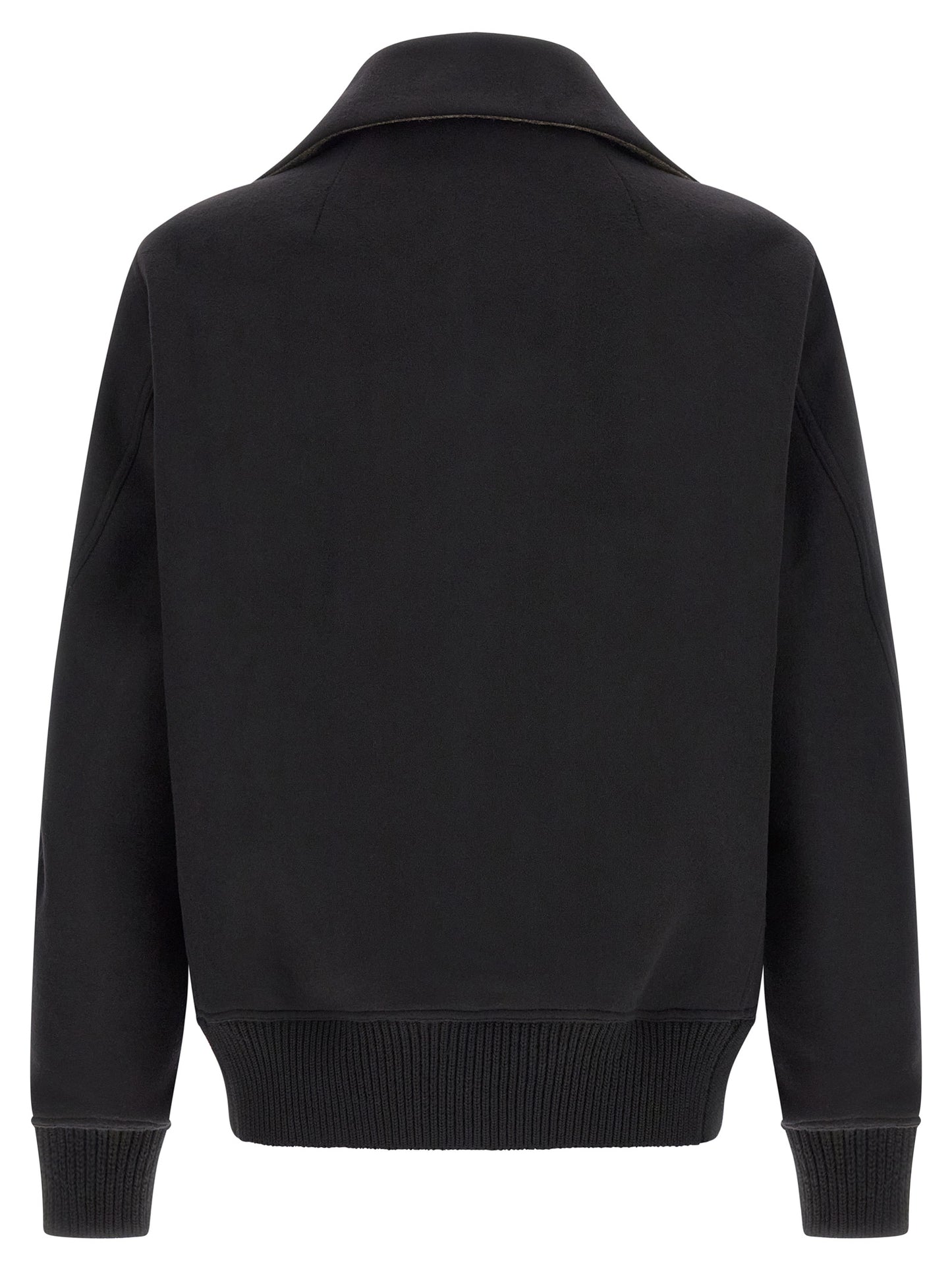 Bomber Jacket by Rick Owens for men in virgin wool black showcases a bohemian silhouette, artfully detailed with a bohemian high-neck neckline and signature pockets for a truly bohemian finish.