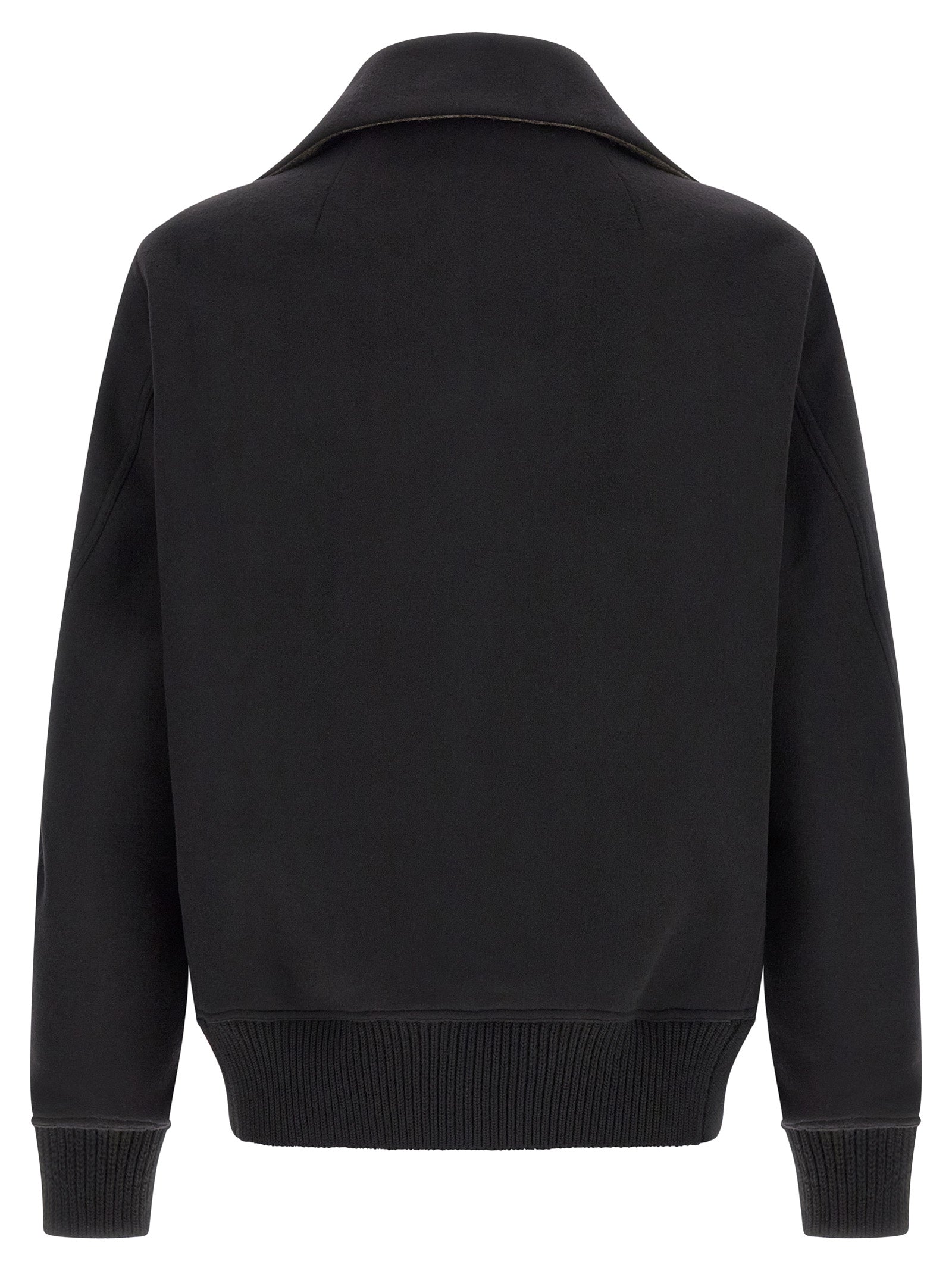 Bomber Jacket by Rick Owens for men in virgin wool black showcases a bohemian silhouette, artfully detailed with a bohemian high-neck neckline and signature pockets for a truly bohemian finish.