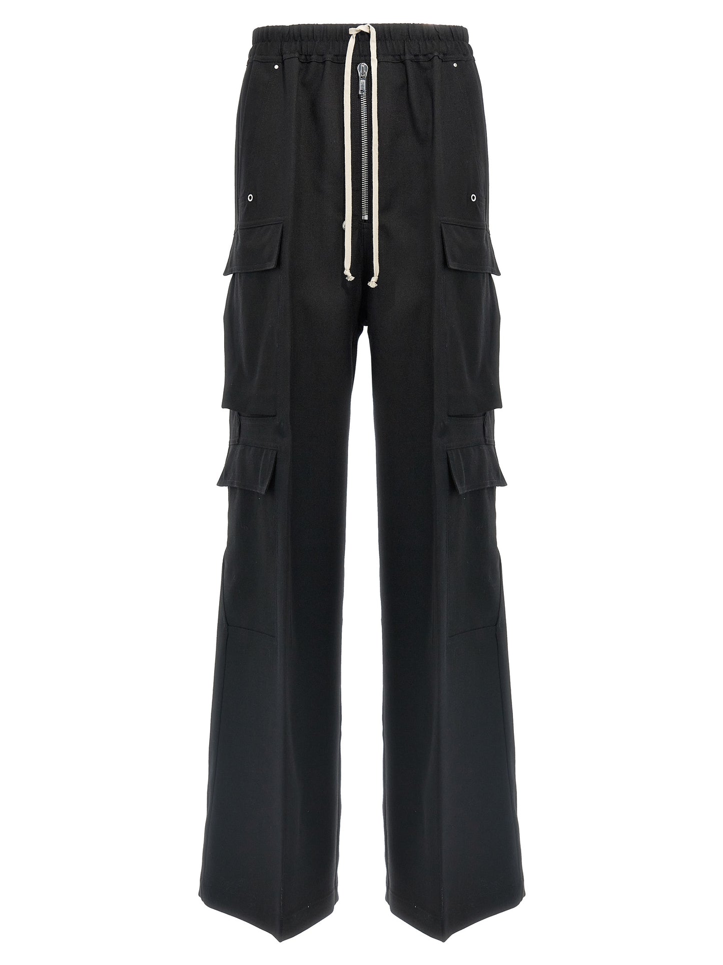 Cargo Pants by Rick Owens for women in wool black presents a on trend silhouette, artfully finished with a on trend flared, relaxed-fit & wide, long, and for a sophisticated look.