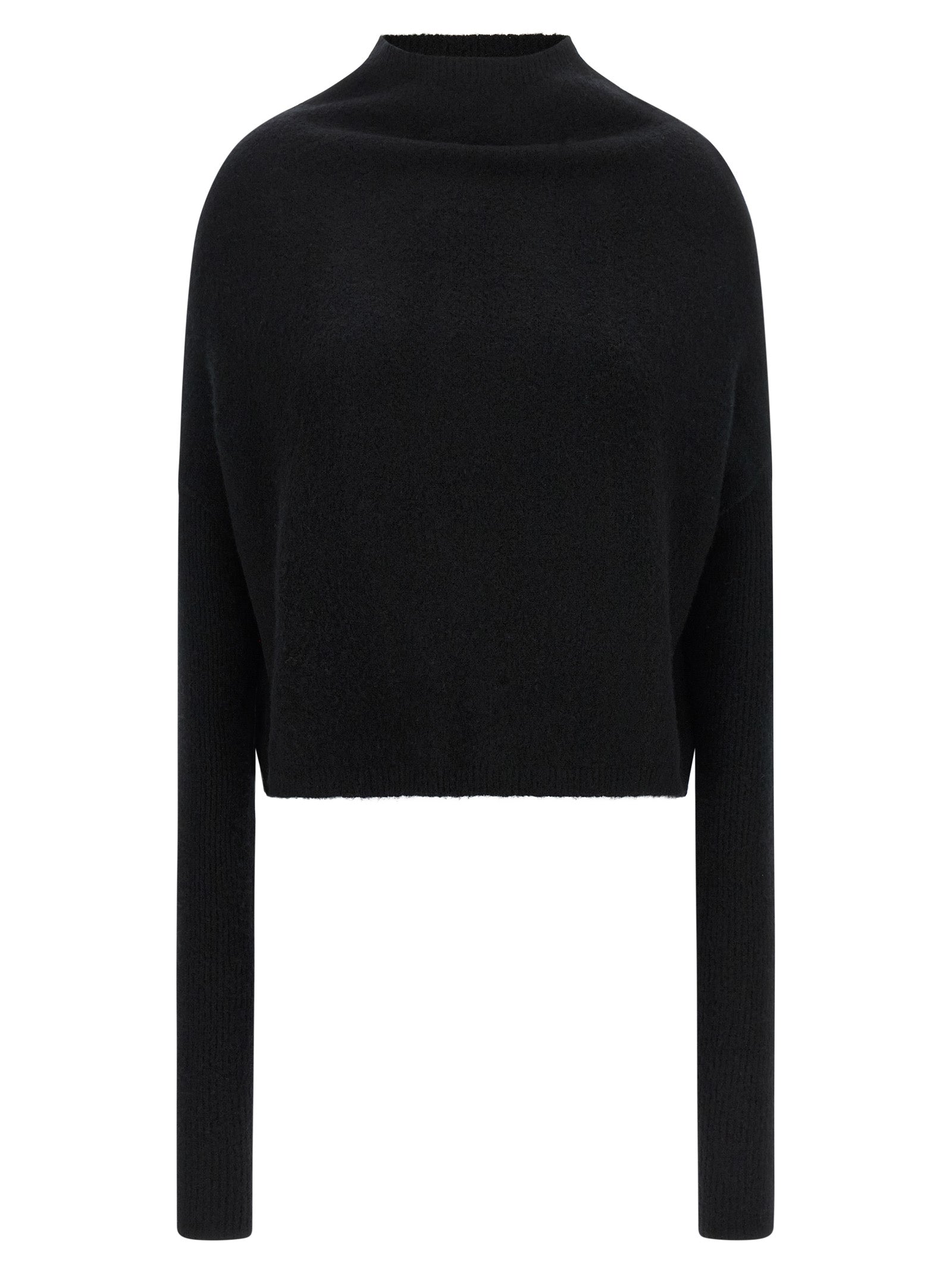 Cardigan by Rick Owens for women in cashmere black features an crisp silhouette, showcasing a sophisticated high-neck neckline and detail for a truly crisp finish.