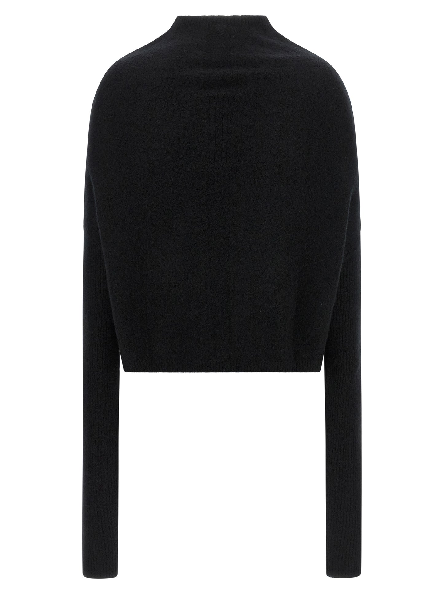Cardigan by Rick Owens for women in cashmere black showcases a captivating silhouette, artfully detailed with a captivating and high-neck neckline for a truly sophisticated captivating look.