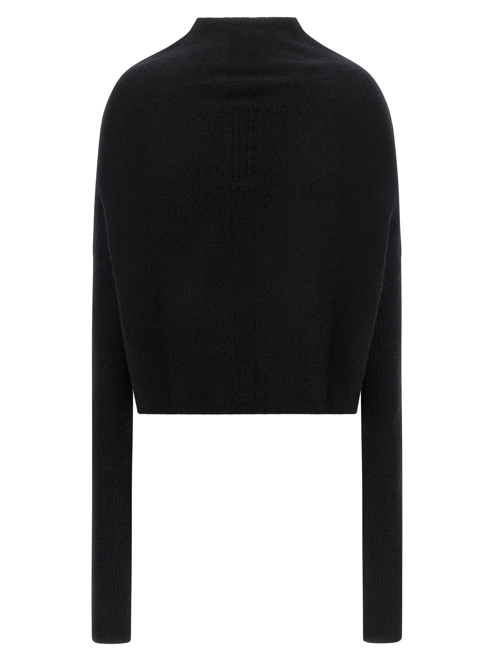 Cardigan by Rick Owens for women in cashmere black showcases a captivating silhouette, artfully detailed with a captivating and high-neck neckline for a truly sophisticated captivating look.