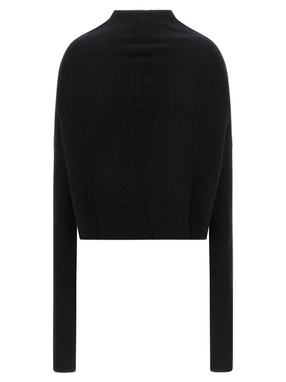 Cardigan by Rick Owens for women in cashmere black showcases a captivating silhouette, artfully detailed with a captivating and high-neck neckline for a truly sophisticated captivating look.
