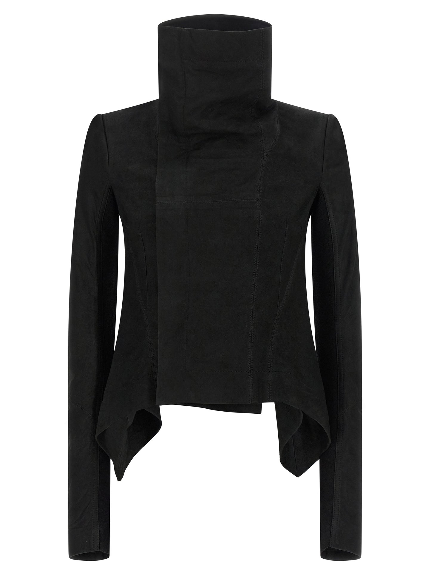 Jacket by Rick Owens for women in lambskin leather black showcases a contemporary silhouette, detailed with a contemporary high-neck neckline and premium pockets & insulated for a sophisticated finish.