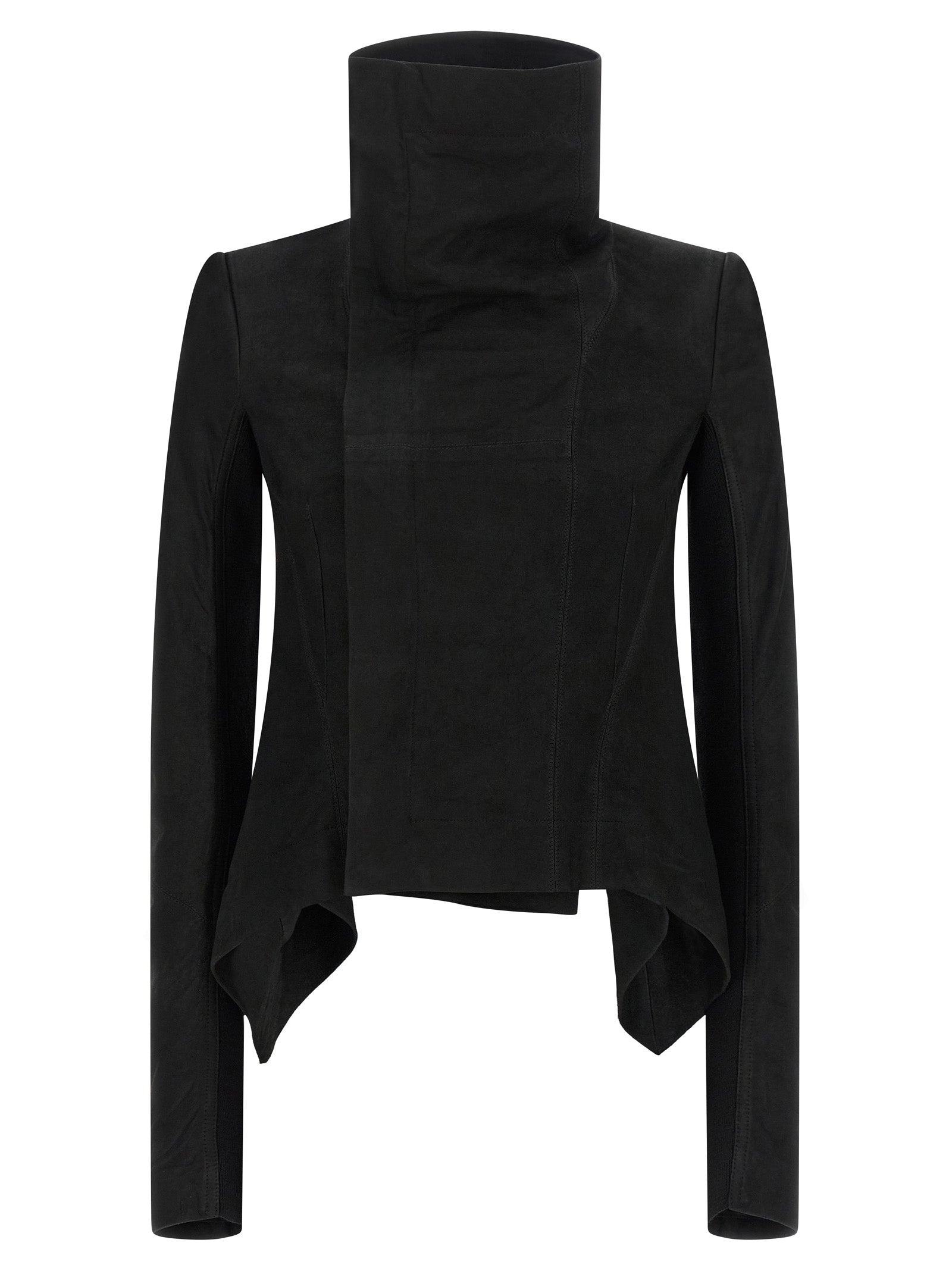 Jacket by Rick Owens for women in lambskin leather black showcases a contemporary silhouette, detailed with a contemporary high-neck neckline and premium pockets & insulated for a sophisticated finish.