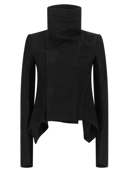 Jacket by Rick Owens for women in lambskin leather black showcases a contemporary silhouette, detailed with a contemporary high-neck neckline and premium pockets & insulated for a sophisticated finish.